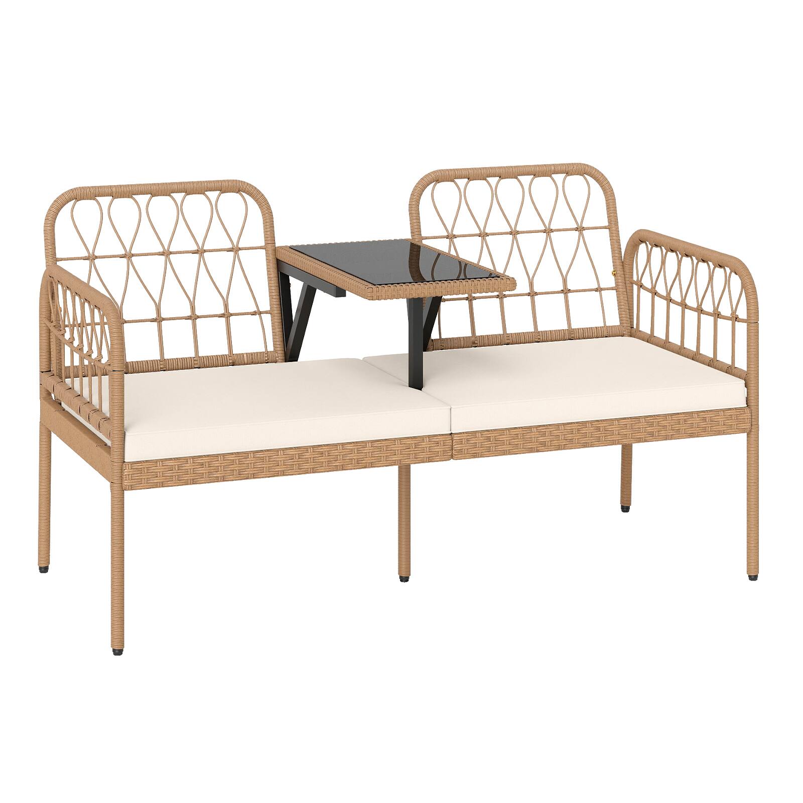 Front. Gymax - Gymax PE Rattan Outdoor Loveseat w/Built-in Coffee Table & Soft Cushions for Lawn - White.