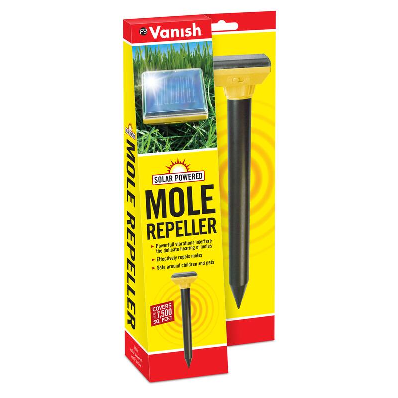 83 Vanish Mole Mole Solar Powered Repeller  
Powerful vibrations interfere with the delicate hearing of moles, effectively repelling them. Safe around children and pets.  
Covers 7,500 sq. feet.