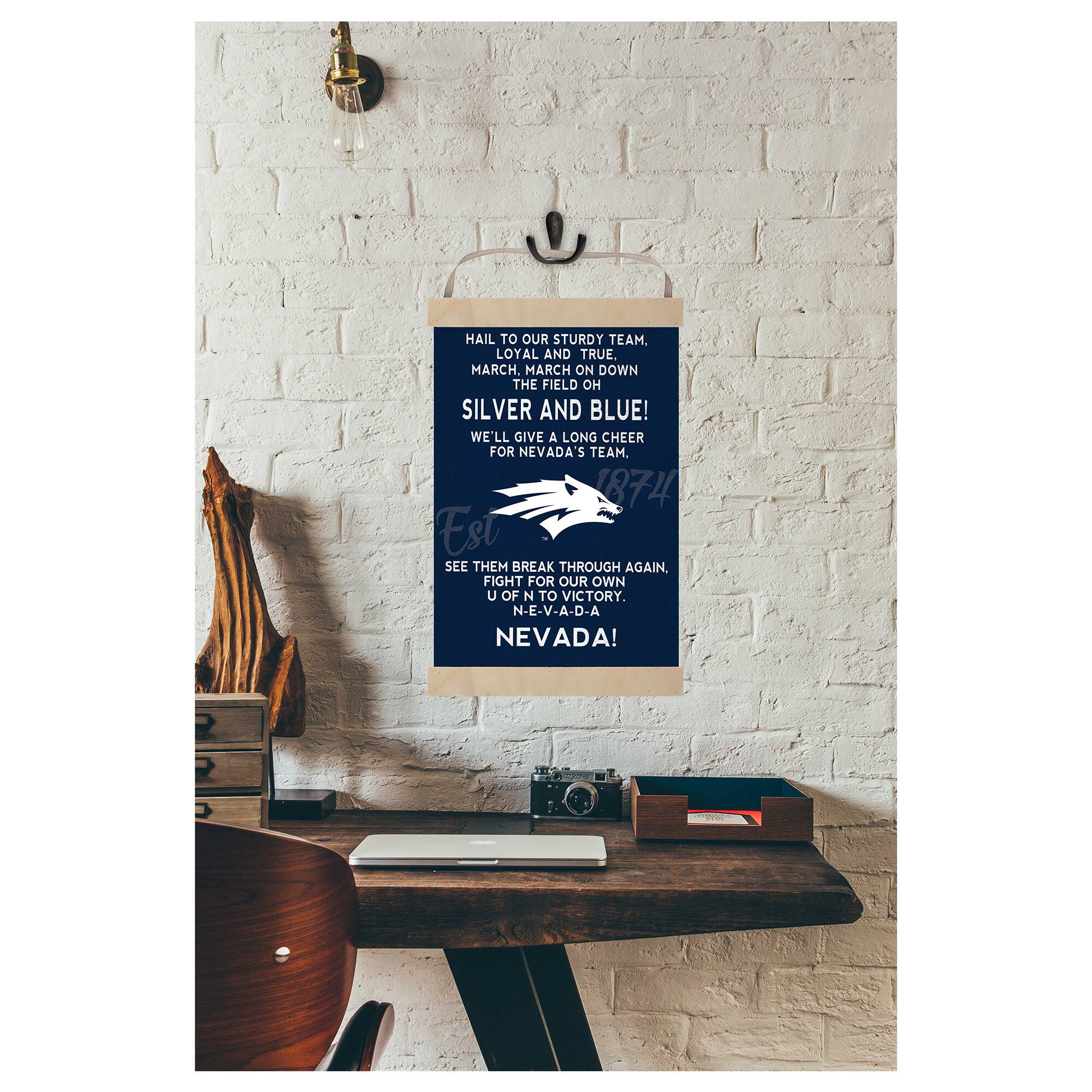 Hail to our sturdy team, loyal and true.  
March, march on down the field, oh silver and blue!  
We'll give a long cheer for Nevada's team.  
1874  

See them break through again.  
Fight for our own U of N to victory.  
N-E-V-A-D-A!  
N-E-V-A-D-A!  

F&U  
Nevada