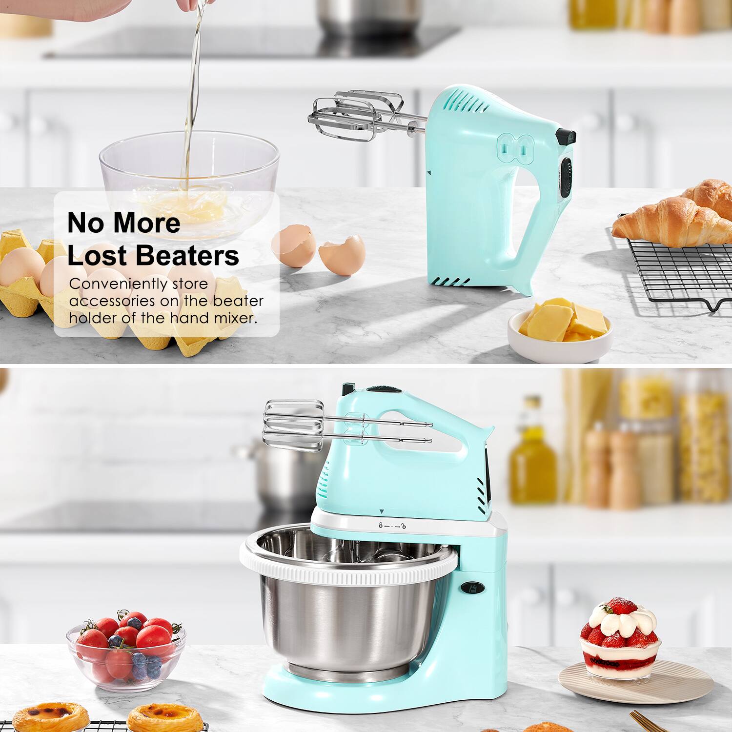 No More Lost Beaters  
Conveniently store accessories on the beater holder of the hand mixer.