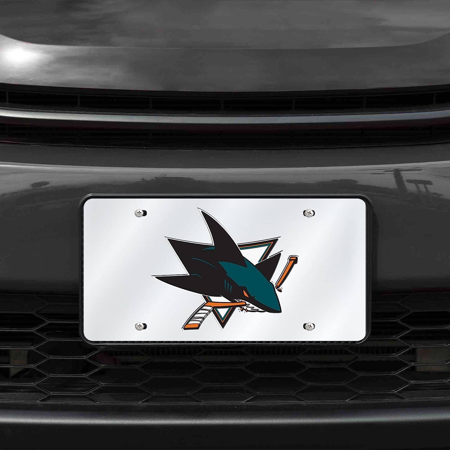 Alt View 1. Rico Industries - San Jose Sharks NHL Logo Silver Mirror Look LASER License Plate - Multi.