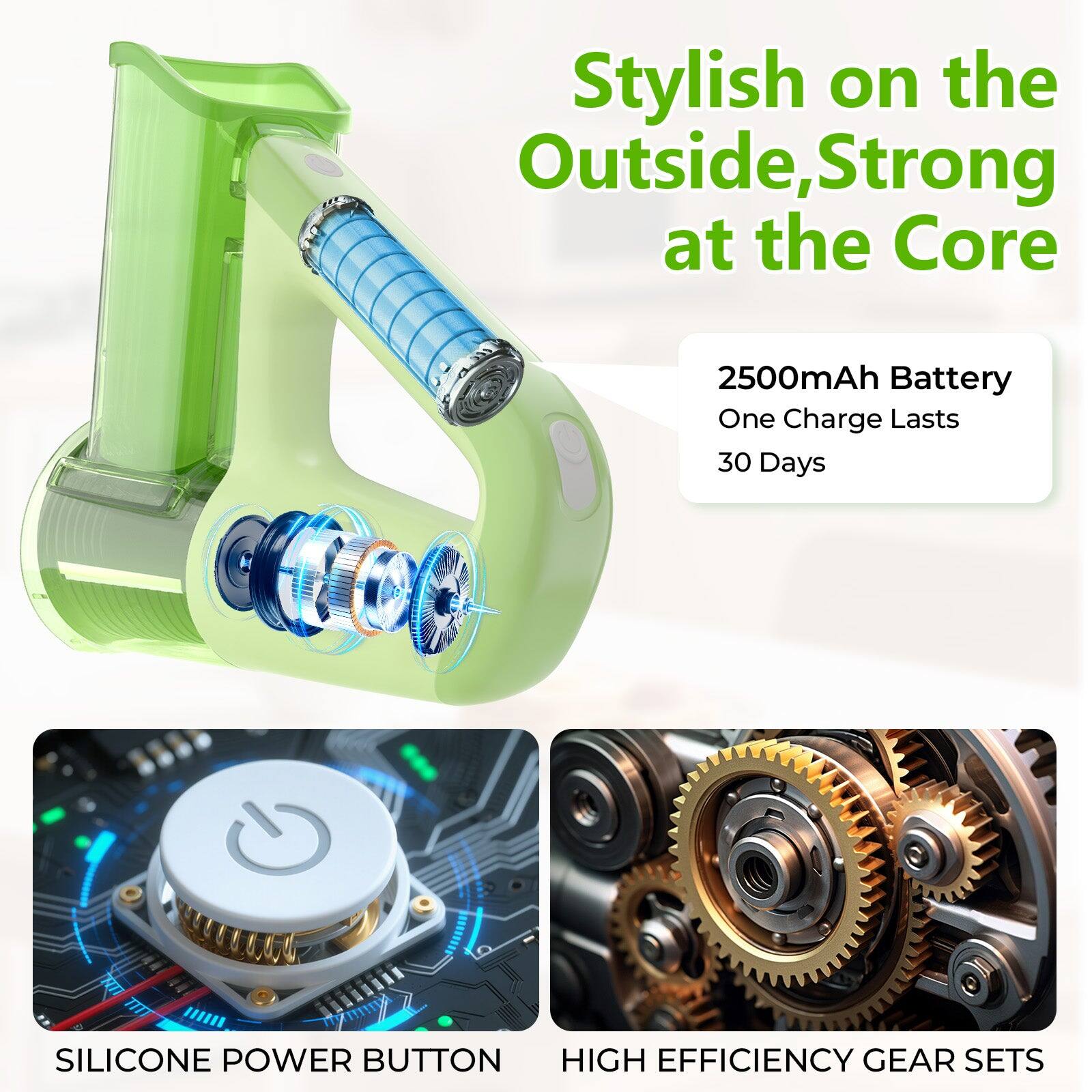 Stylish on the Outside, Strong at the Core

2500mAh Battery  
One Charge Lasts 30 Days

SILICONE POWER BUTTON

HIGH EFFICIENCY GEAR SETS