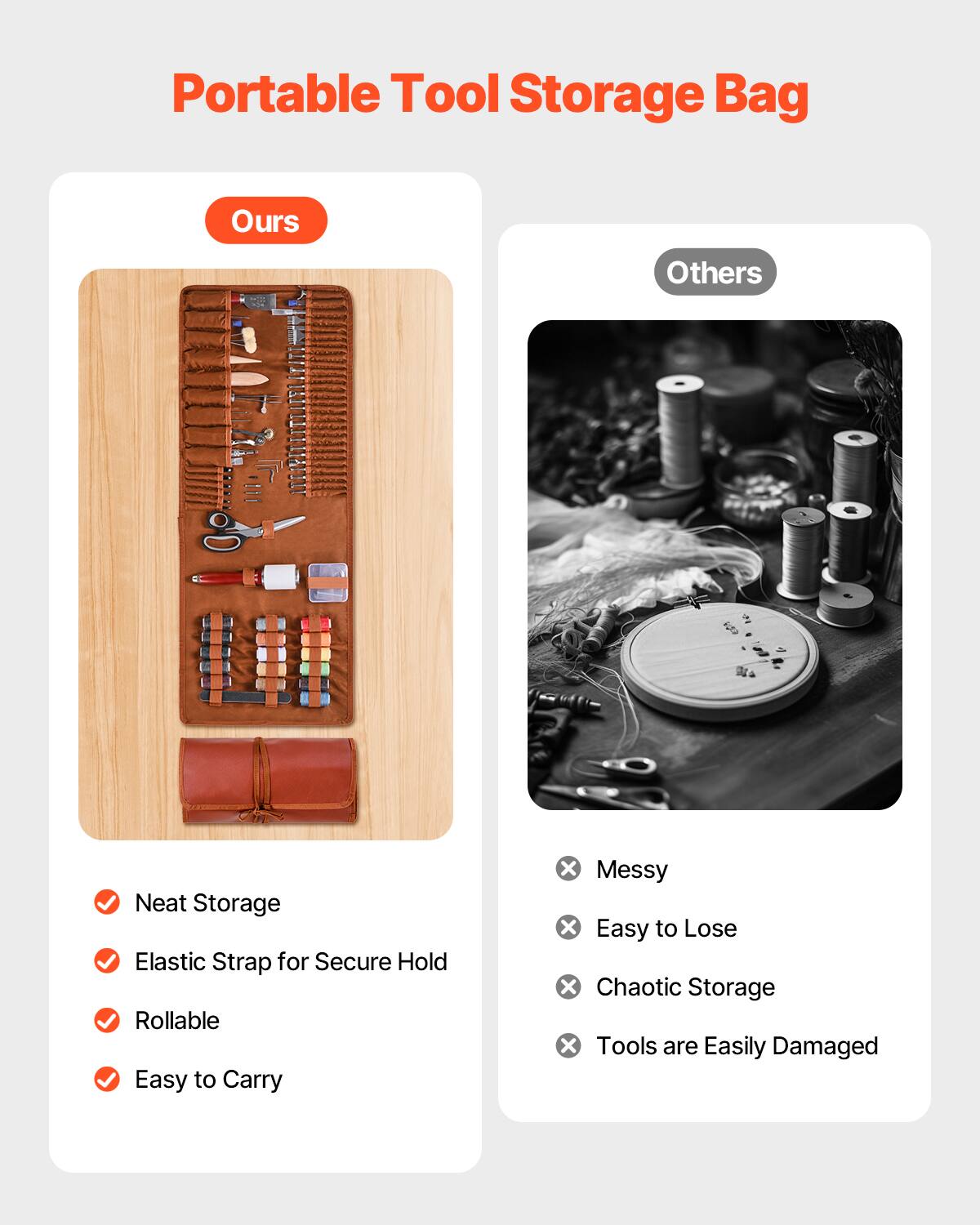 Portable Tool Storage Bag

**Ours**
- Neat Storage
- Elastic Strap for Secure Hold
- Rollable
- Easy to Carry

**Others**
- Messy
- Easy to Lose
- Chaotic Storage
- Tools are Easily Damaged