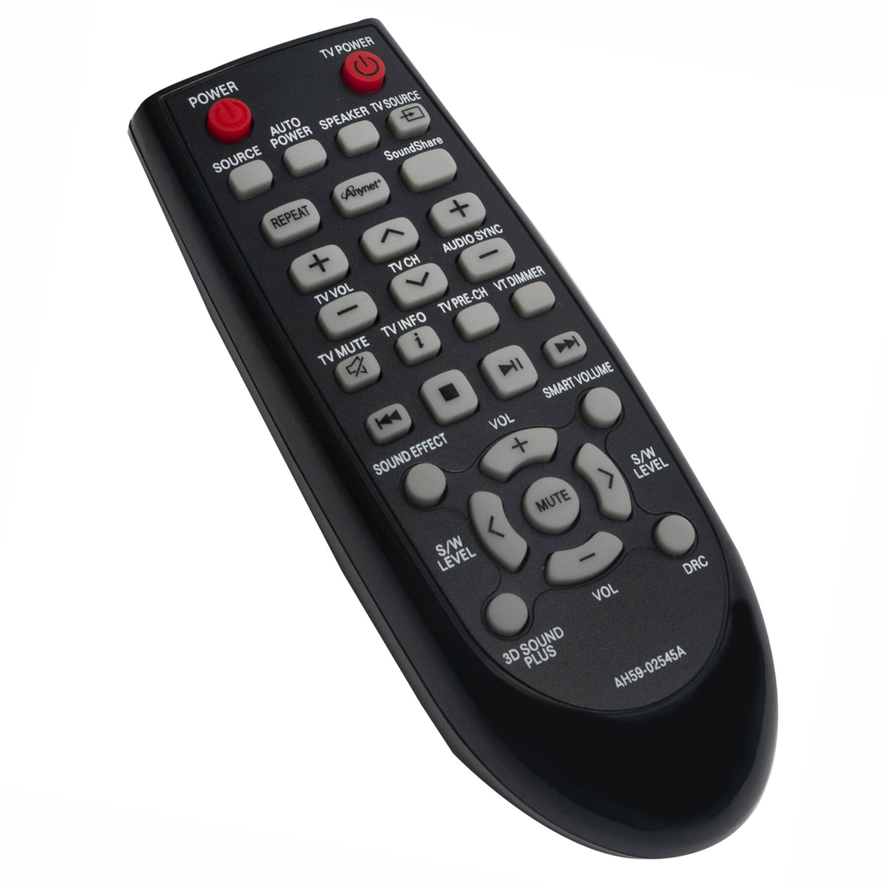 TV POWER  
POWER  
AUTO POWER  
SOURCE  
SPEAKER TV SOURCE  
SoundShare  
Ahynet  
REPEAT  
TV CH  
TV VOL  
TV MUTE  
TV INFO  
VOLUME  
MUTE  
SOUND EFFECT  
S/W LEVEL  
DRC  
3D SOUND PLUS  
AUDIO SYNC  
TV PRE-CH  
TV DIMMER  
SMART VOLUME  
S/W LEVEL  
DRC  
4H59-02545A