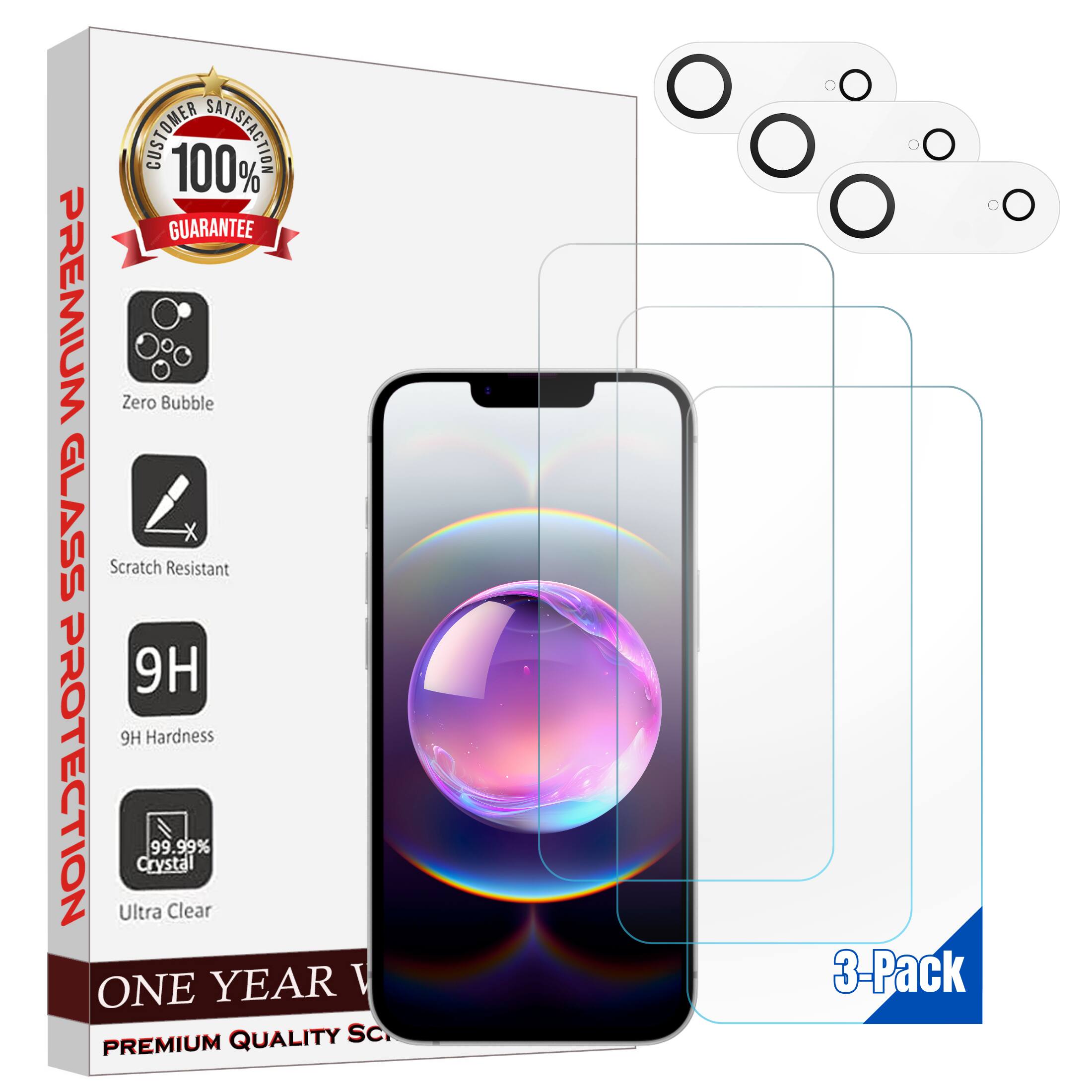CUSTOMER 100% SATISFACTION GUARANTEE  
PREMIUM ZERO BUBBLE GLASS PROTECTION  
Scratch Resistant  
9H Hardness  
99.99% Crystal  
Ultra Clear  
ONE YEAR WARRANTY  
PREMIUM QUALITY  
3 Pack