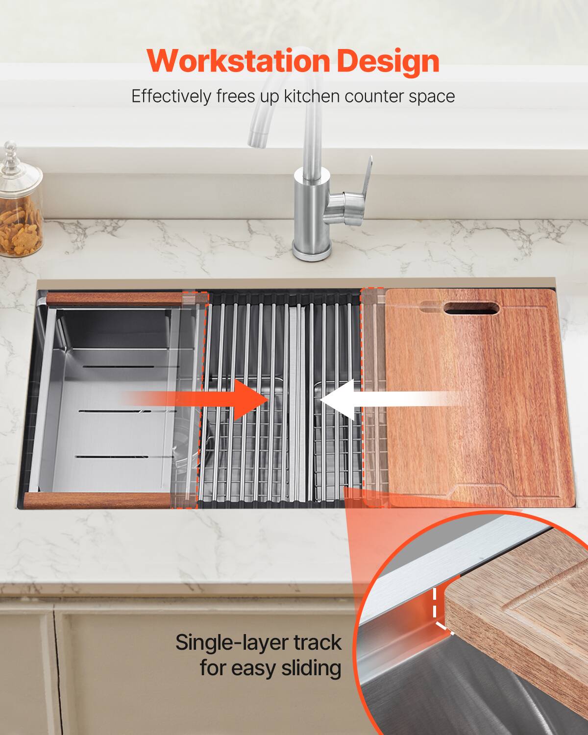 Workstation Design
Effectively frees up kitchen counter space
Single-layer track for easy sliding