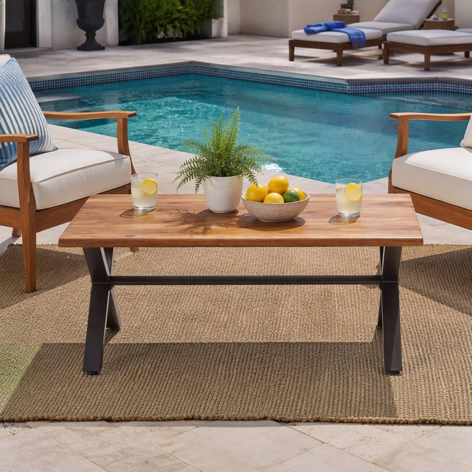 Alt View 1. RYHNUYNE - Outdoor Dining Table, Acacia Wood Patio Table, Rectangular Outdoor Table for Porch, Garden, Backyard and Poolside - Brown+Black.