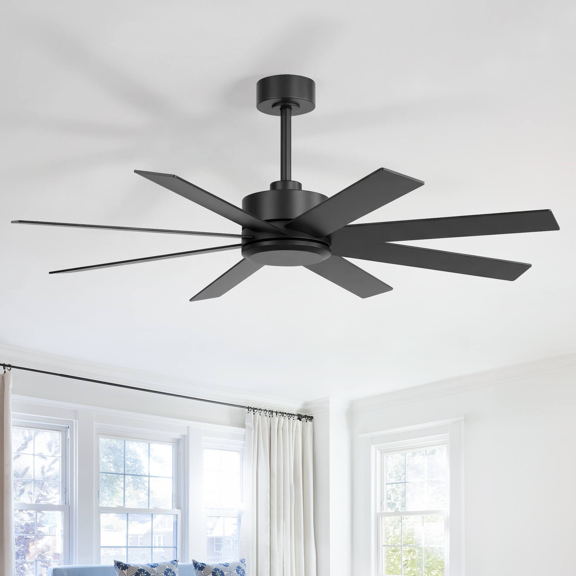 Back. Breezary - 52-Inch Ceiling Fan without Light, 8 Blades, 6-Speed Remote Control, Downrod Mount, Ultra-Quiet Motor - Black and Walnut.