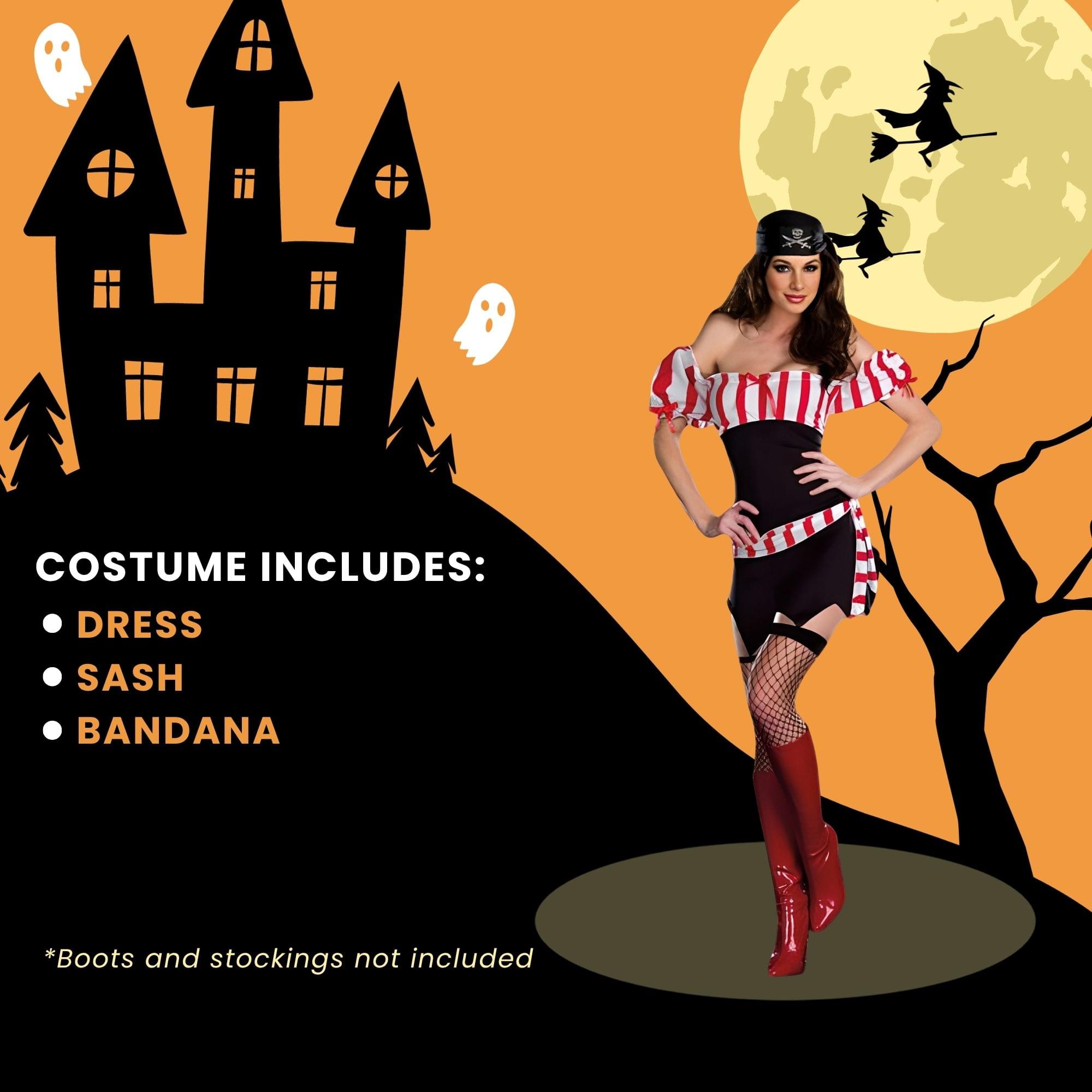 COSTUME INCLUDES:  
- DRESS  
- SASH  
- BANDANA  

*Boots and stockings not included