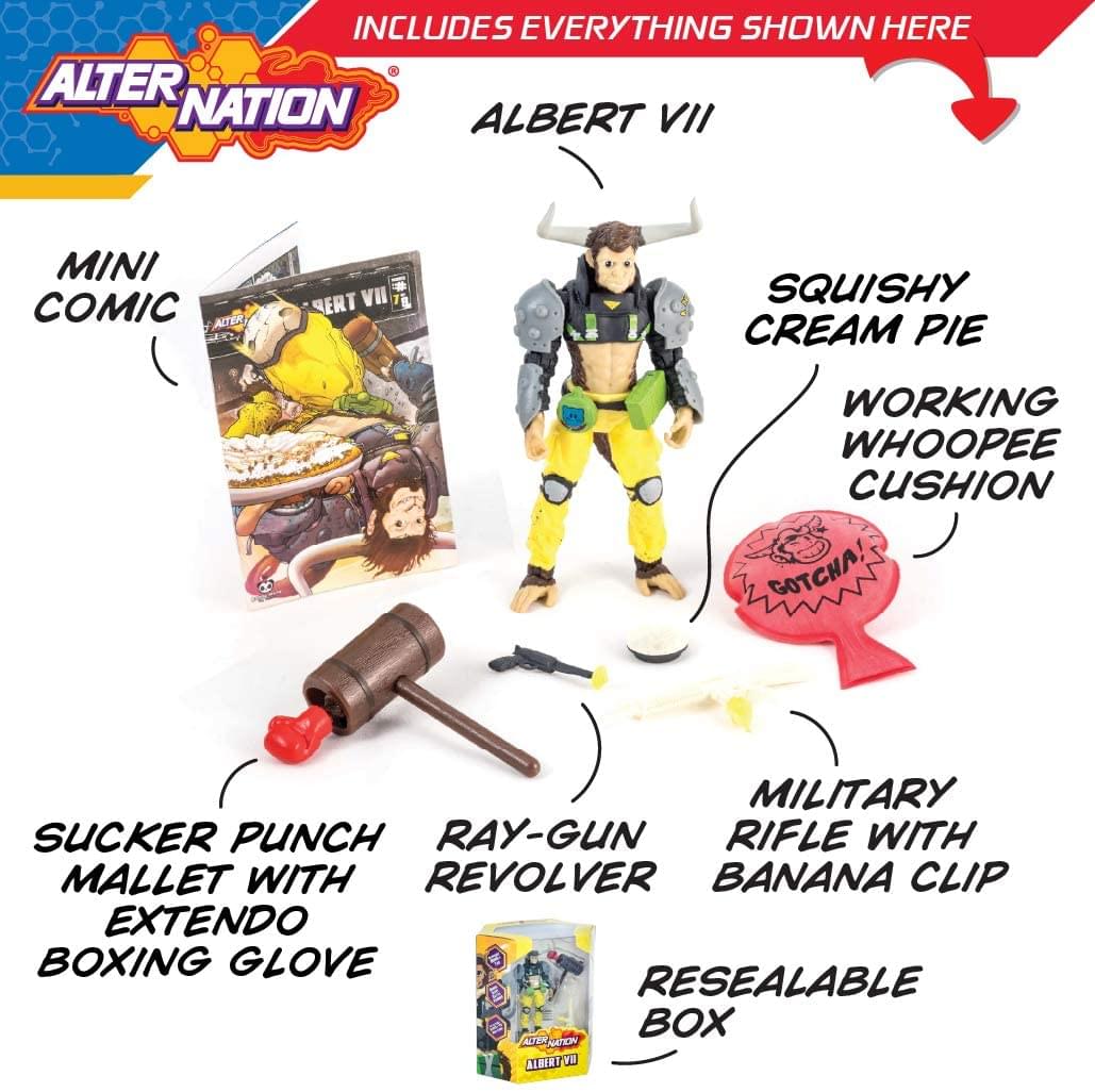 INCLUDES EVERYTHING SHOWN HERE  
ALTER NATION ALBERT VII  
MINI COMIC  
SQUISHY CREAM PIE  
WORKING WHOOPee CUSHION  
SUCKER PUNCH MALLET WITH EXTENDO BOXING GLOVE  
RAY-GUN REVOLVER  
MILITARY RIFLE WITH BANANA CLIP  
RESEALABLE BOX