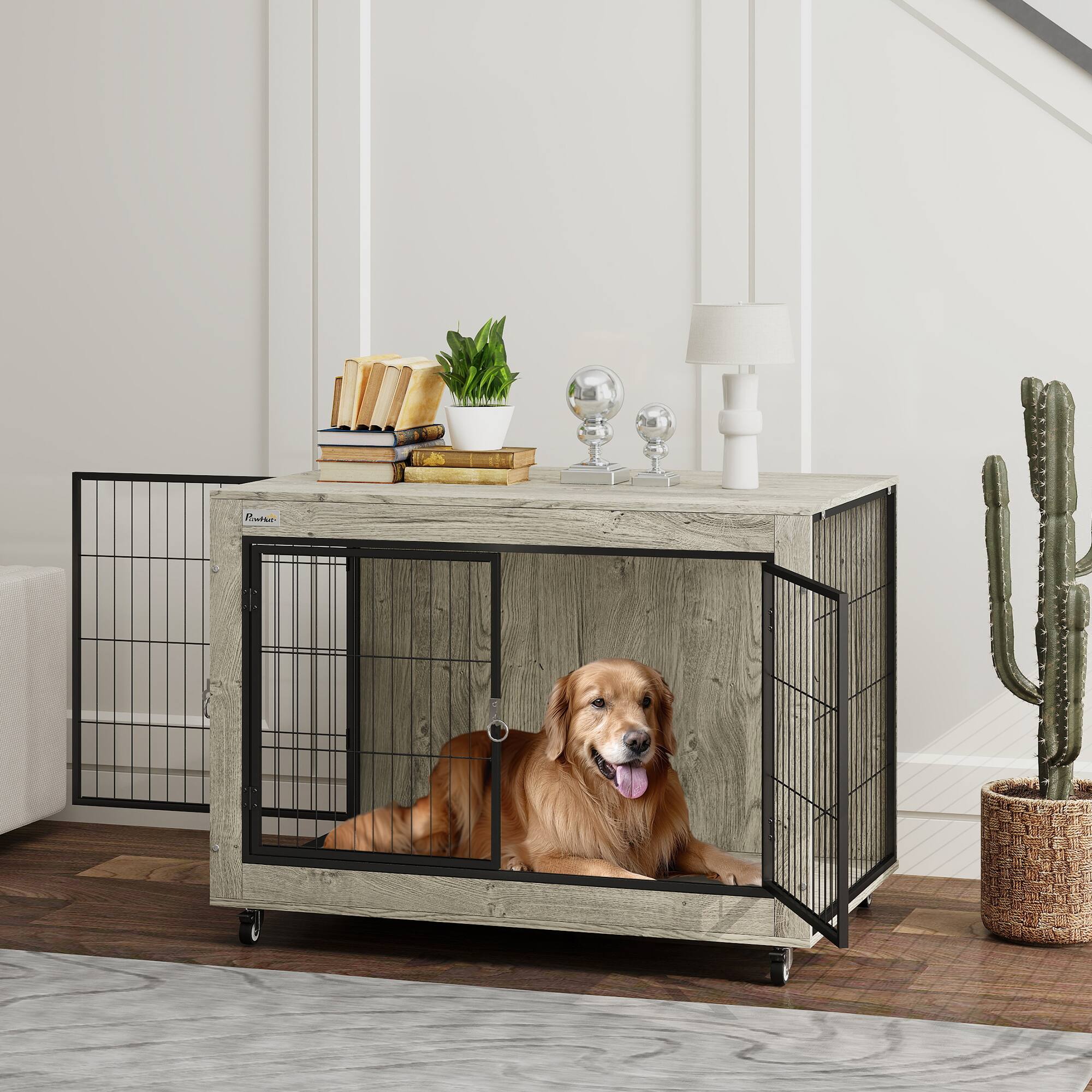 Angle. Pawhut - 39" Dog Crate Furniture, with Wheels, Interchangeable Side Door, Dog Cage End Table, for Large Dogs.