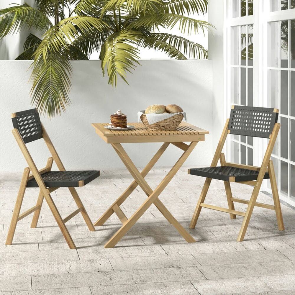 Back. Pefilos - Set of 2 Folding Chairs, 2 Pieces Dining Chairs with Woven Rope Seat and Back, Dining Chairs for Outdoor - Black.