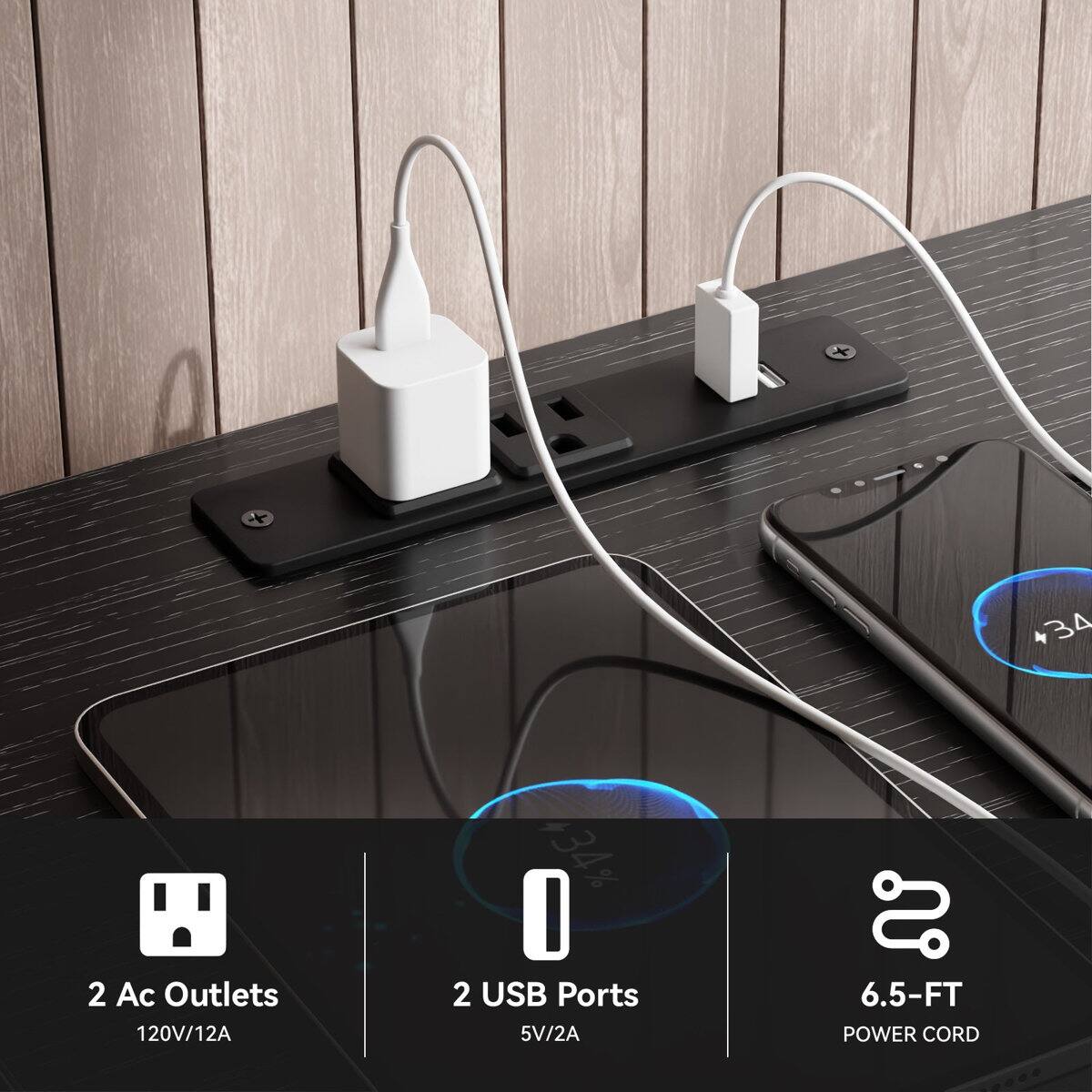 34 2 Ac Outlets 120V/12A 434% D 2 USB Ports 5V/2A 6.5-FT POWER CORD