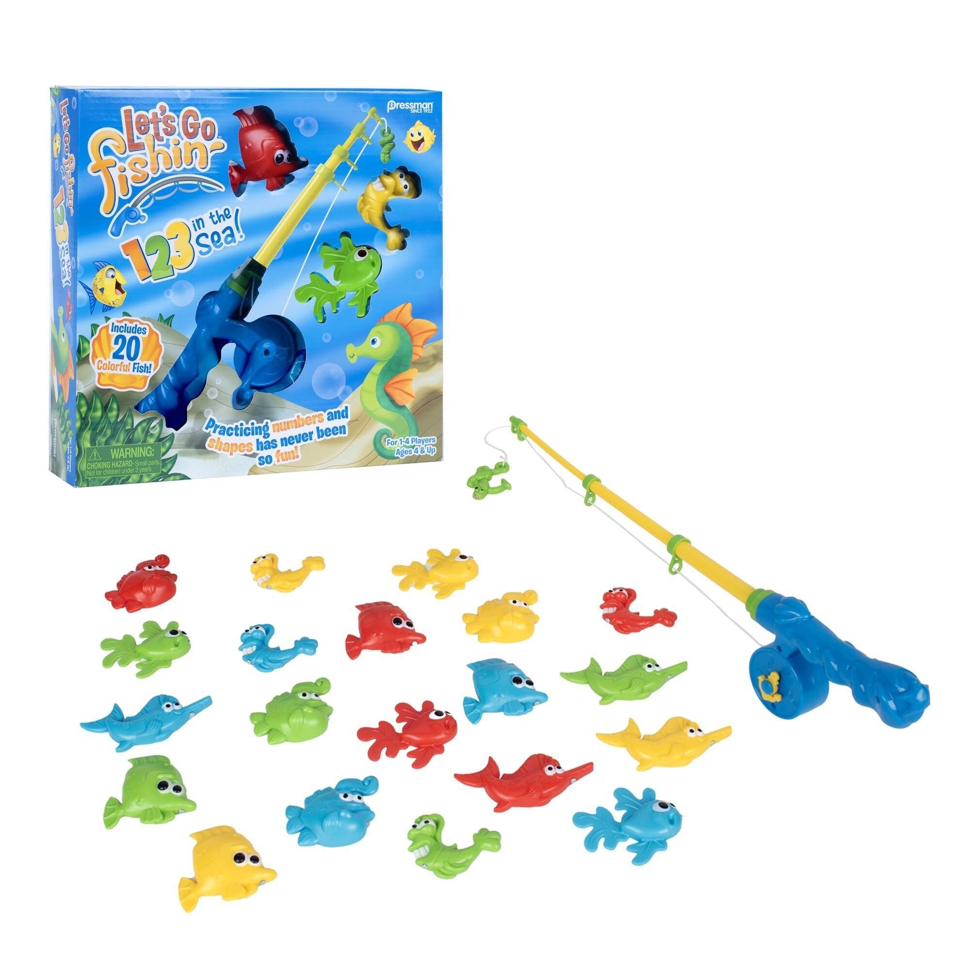 Let's Go Fishing in the Sea!  
Includes 20 Colorful Fish!  
Practicing numbers and shapes has never been so fun!  
For 1-4 Players Ages 3+  
WARNING: CHOKING HAZARD