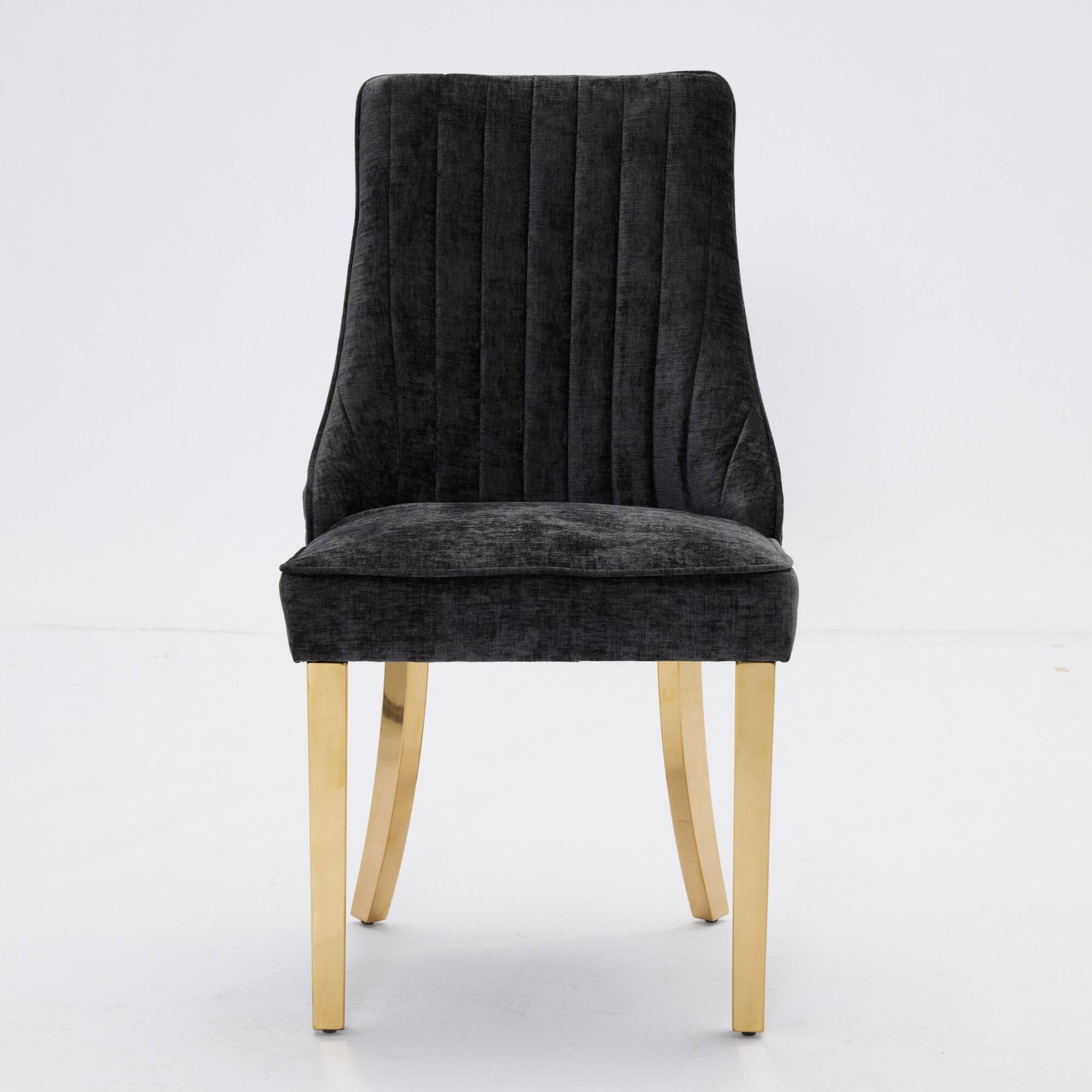 Angle. GOODSILO - Luxury Chenille Fabric Upholstered Dining Chairs with Golden Stainless Steel Legs, Set of 2 - Black.