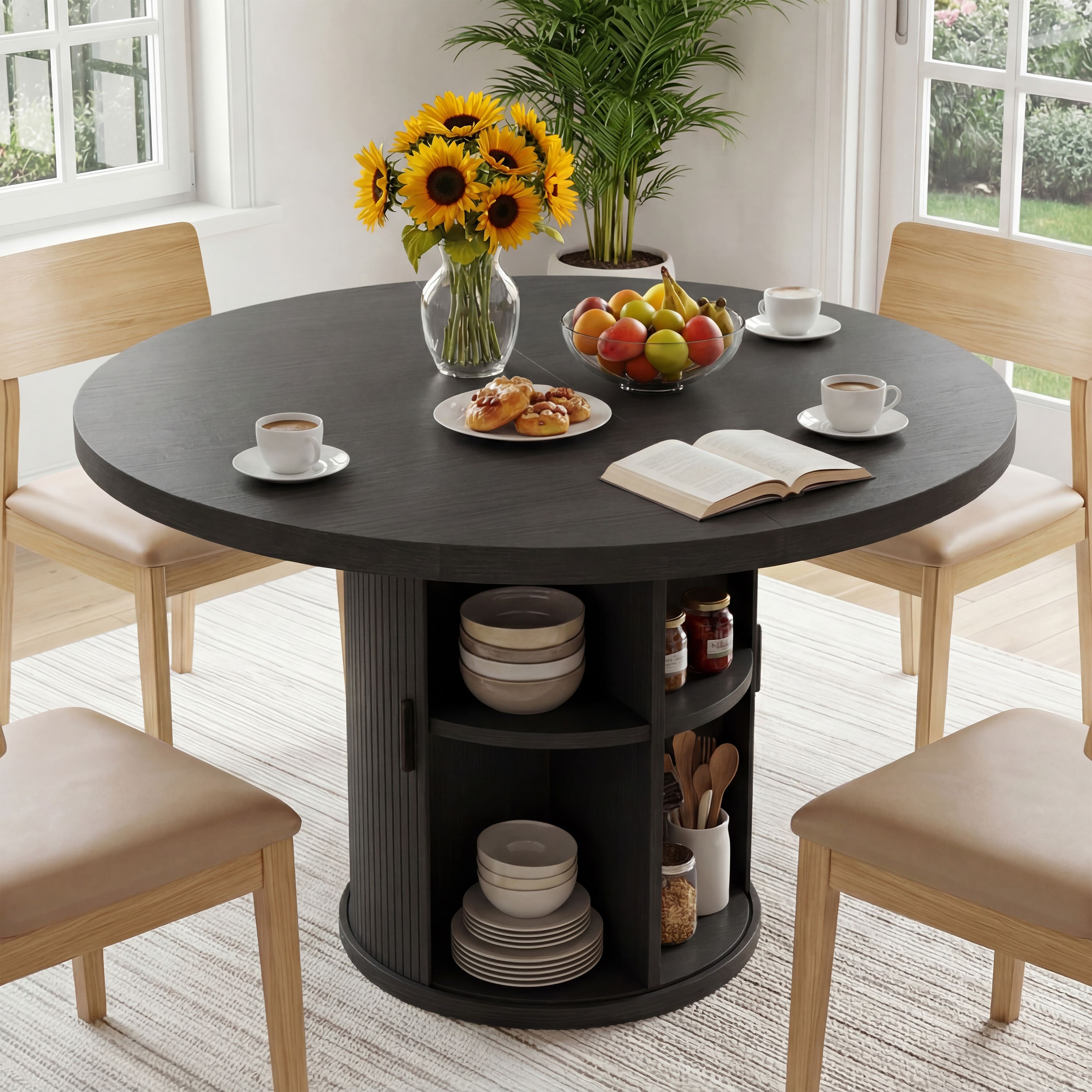 Dyonery - Extendable Dining Table 3-5 Seats,4-Compartment Organized Storage Base, Durable Compacted Wood - Black