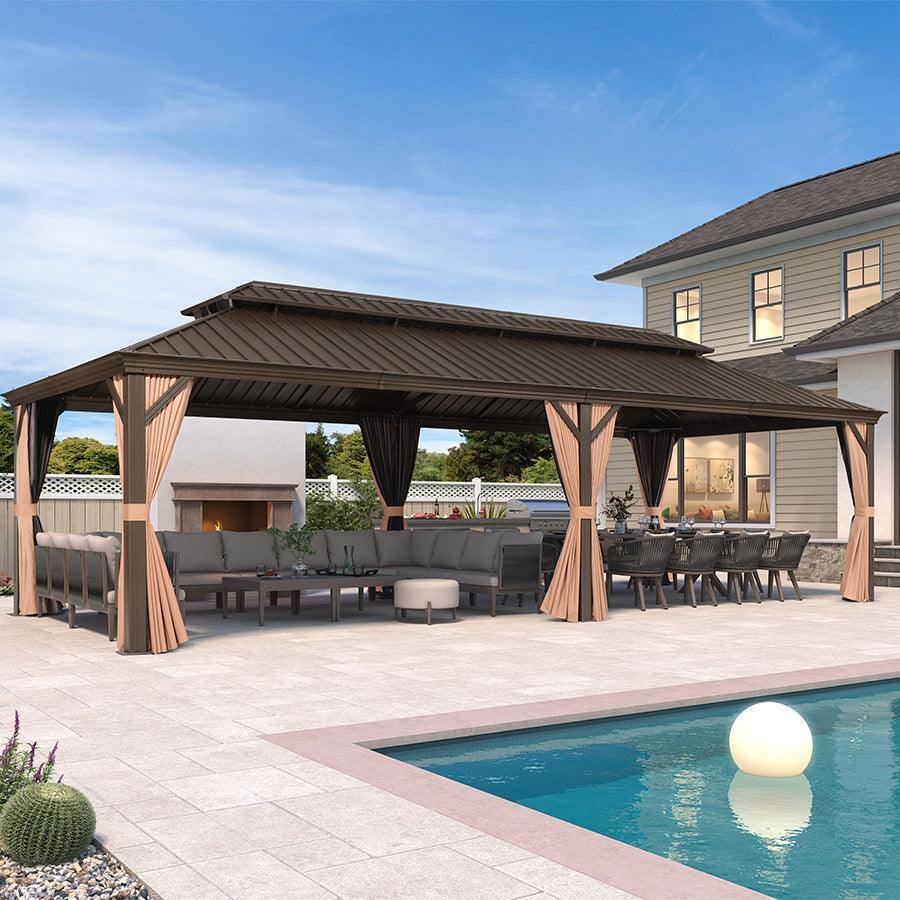 Front. PURPLE LEAF - 12 X 28 FT Outdoor Aluminum Hardtop Gazebo with Metal Double Roof with Netting and Curtains, Khaki Permanent Pavilion - 12' X 28'.