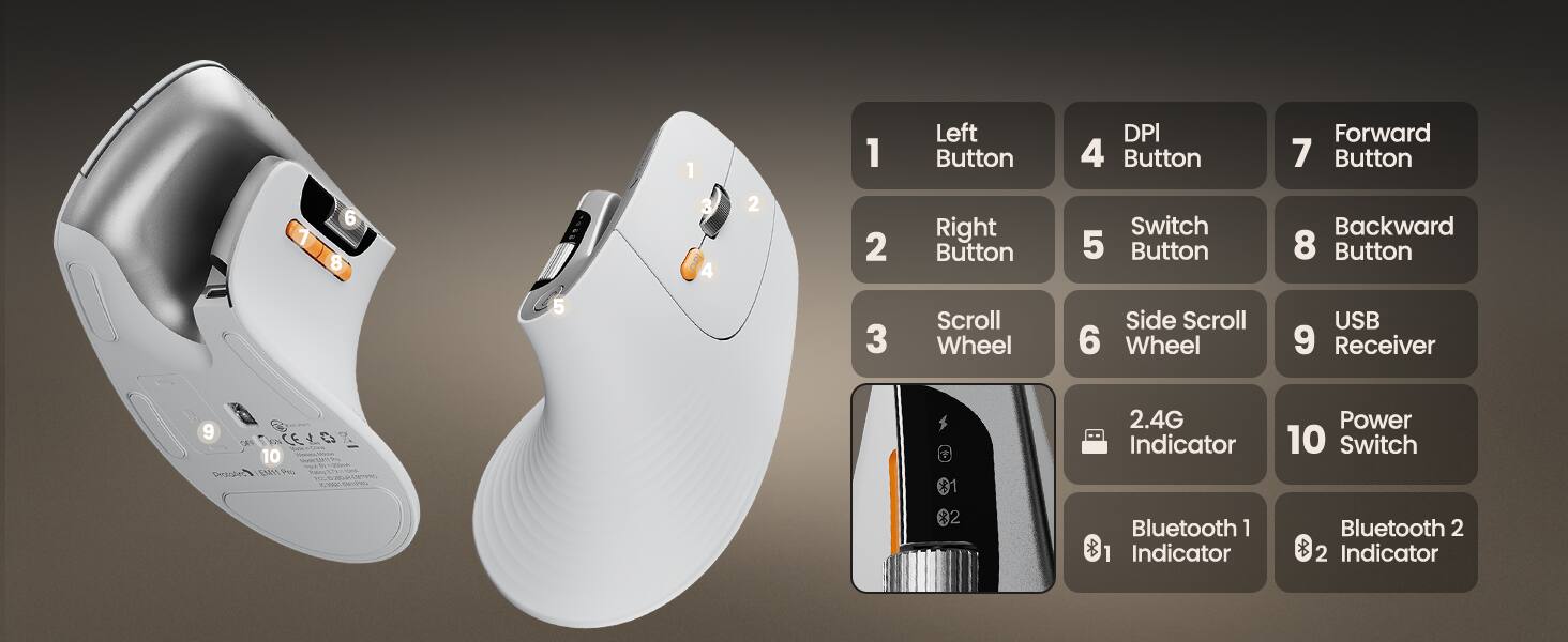 1
Left Button
DPI 4 Button
Forward 7 Button
1
6 8
3 4
2
2
Right Button
Switch 5 Button
Backward 8 Button
5
3
Scroll Wheel
Side Scroll 6 Wheel
USB 9 Receiver
9 990 EN 10  Prote1 EM11 Pro 100 (280.00.00.00) 
2.4G Indicator
Power 10 Switch
Bluetooth 1 1 Indicator
Bluetooth 2 2 Indicator