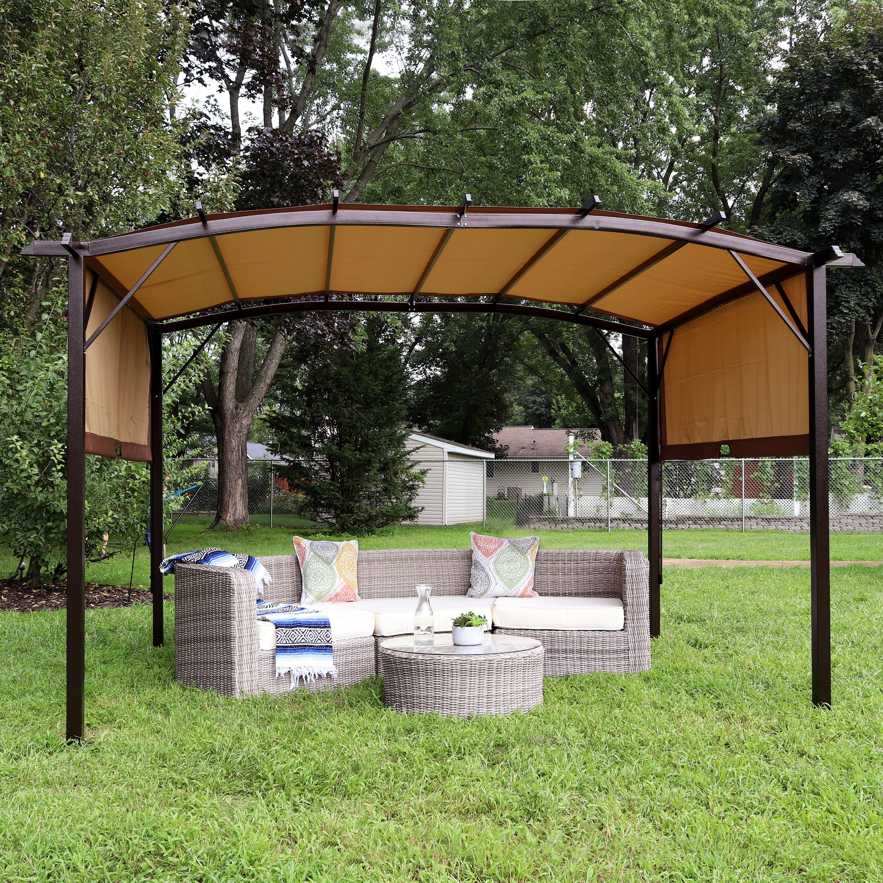 Alt View 3. Sunnydaze - 9 ft x 12 ft Metal Arched Pergola with Retractable Canopy - Tan.