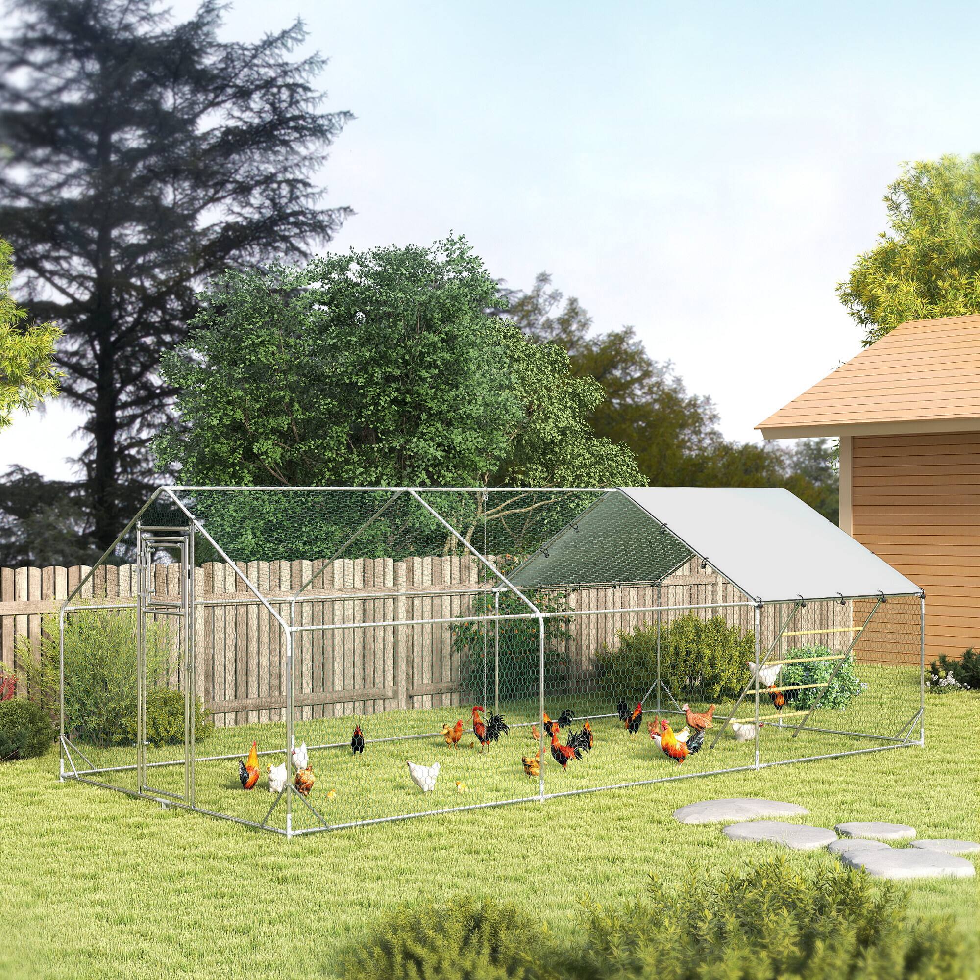 Alt View 1. Pawhut - Chicken Run w/ Waterproof & Anti-UV Cover, Feeding Door, Hanging Feeder, for 18-24 Chickens - Silver.