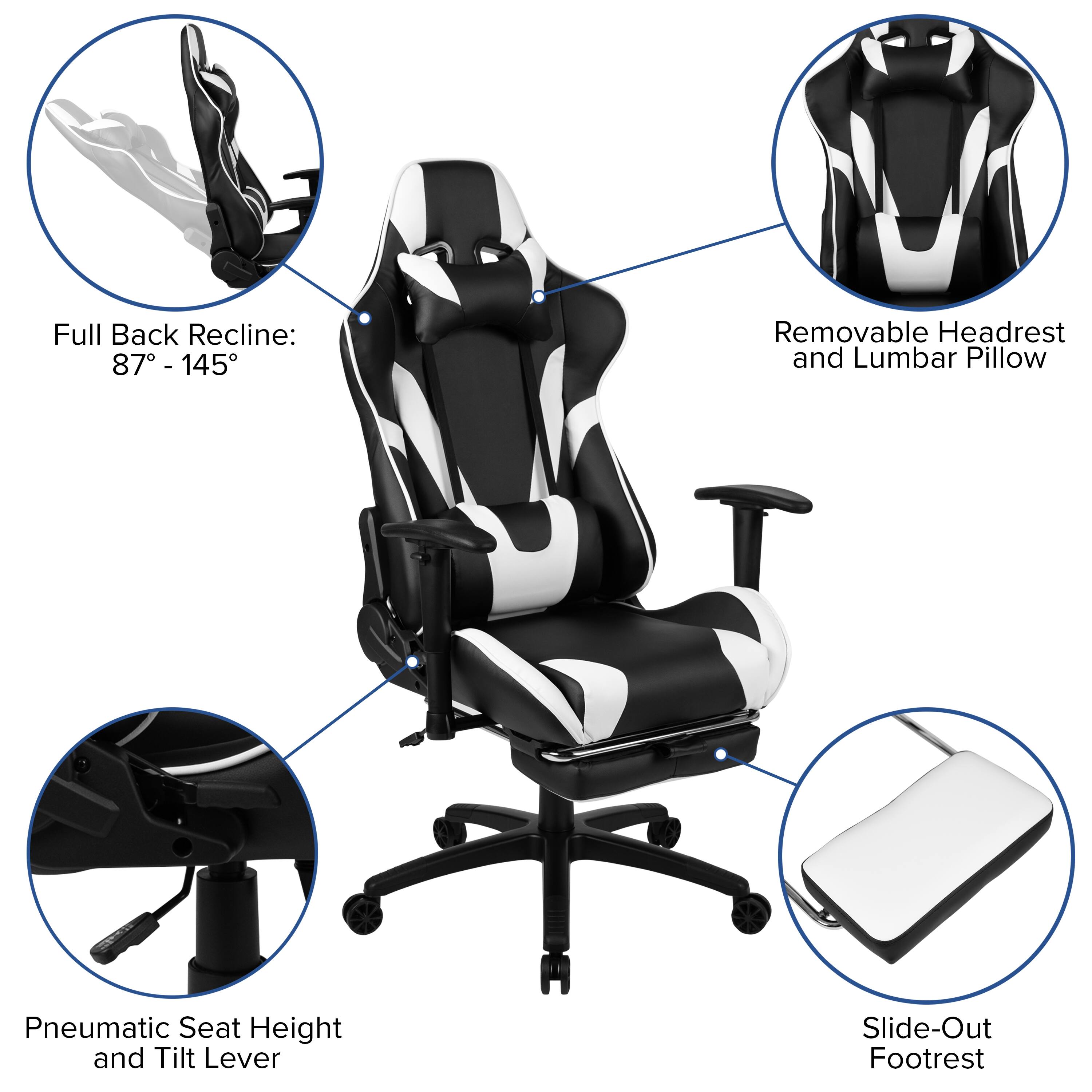 Full Back Recline: 87° - 145°  
Removable Headrest and Lumbar Pillow  
Pneumatic Seat Height and Tilt Lever  
Slide-Out Footrest
