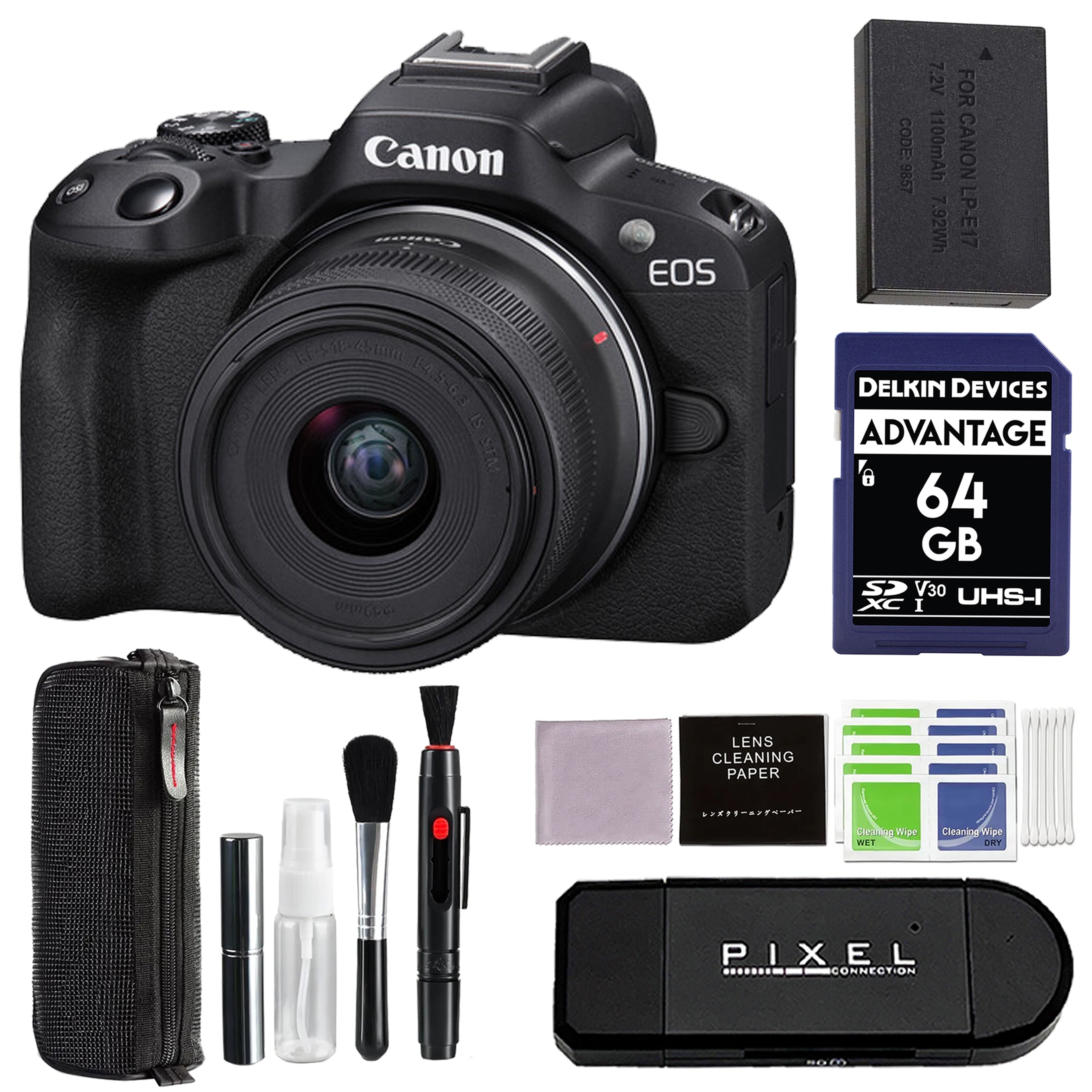 Bundle - Canon - EOS R50 Mirrorless Camera RF-S18-45mm F4.5-6.3 IS STM Lens Kit with 64GB SD Card + Card Reader + More - Black