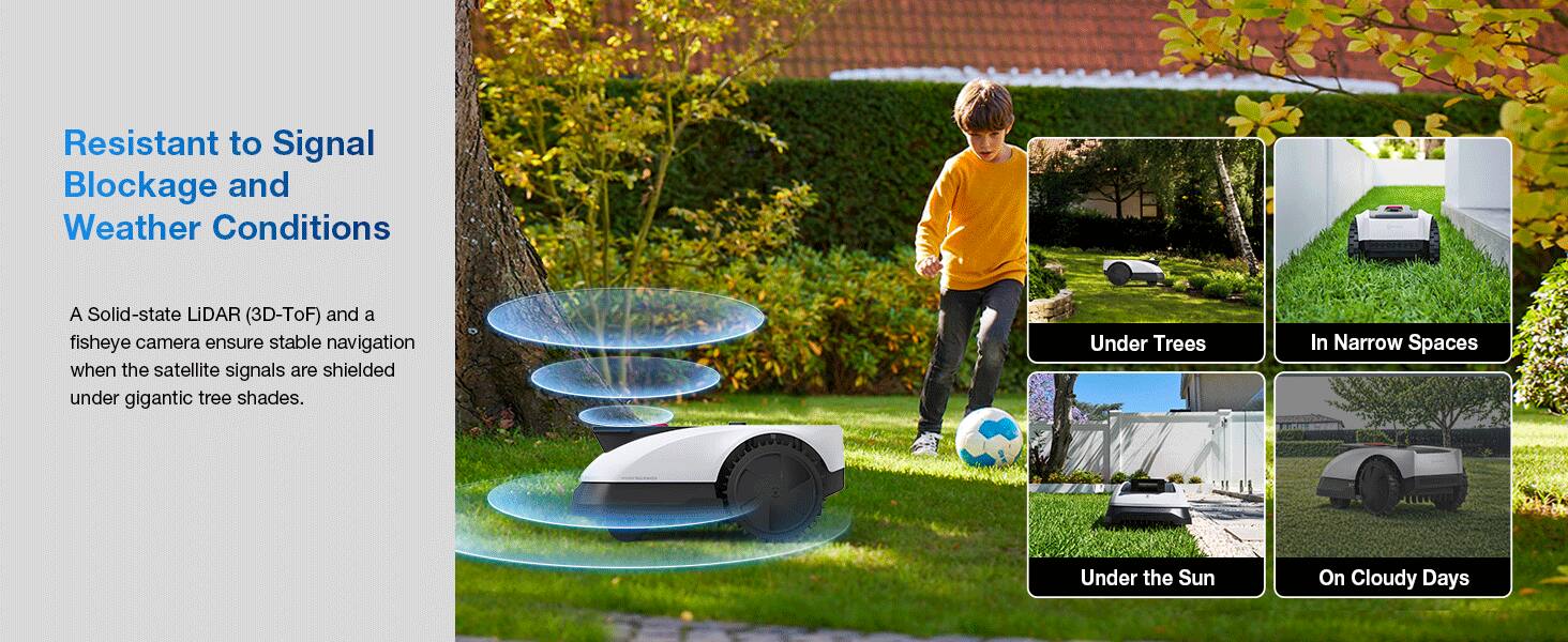 Resistant to Signal Blockage and Weather Conditions

A Solid-state LiDAR (3D-ToF) and a fisheye camera ensure stable navigation when the satellite signals are shielded under gigantic tree shades.

- Under Trees
- In Narrow Spaces
- Under the Sun
- On Cloudy Days