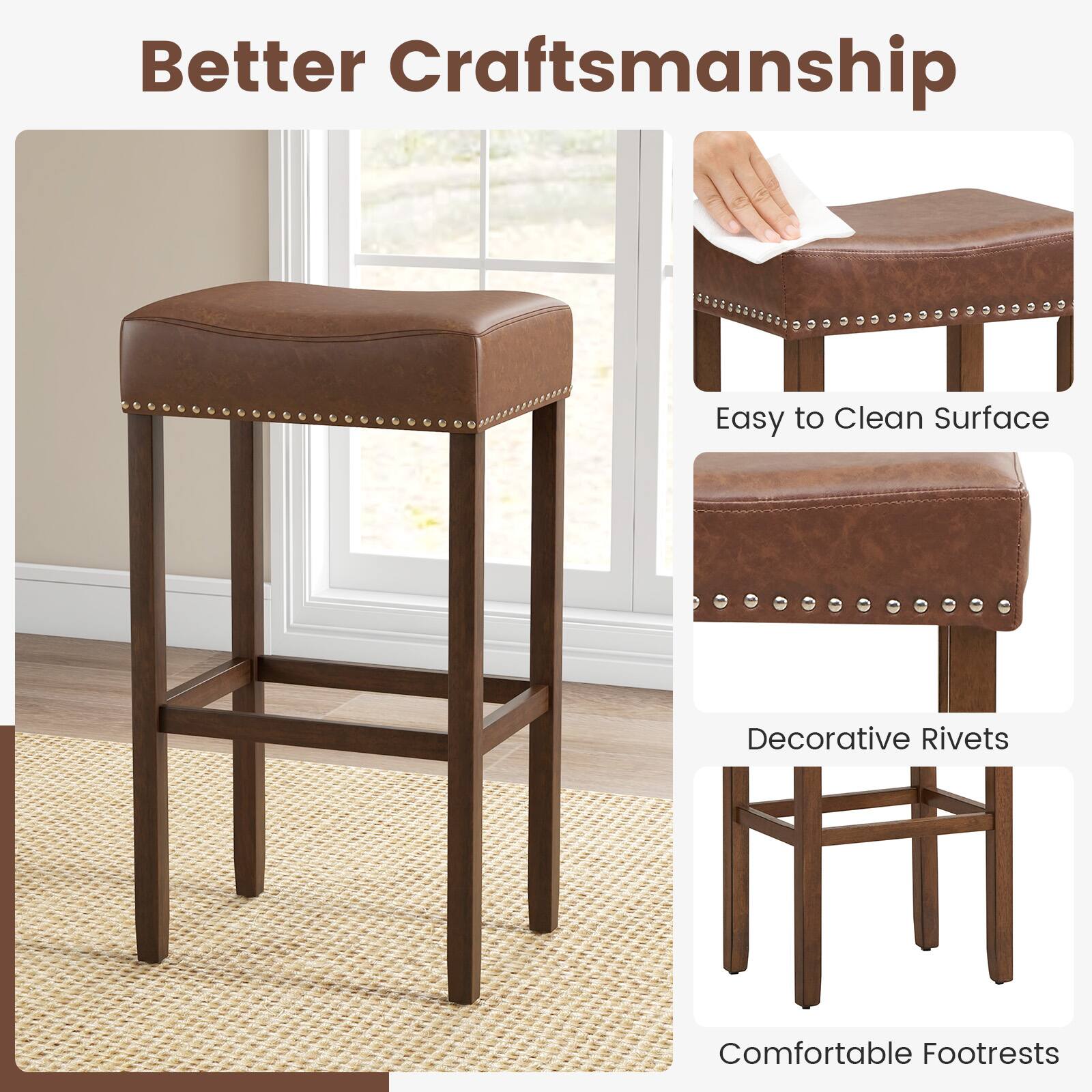 Better Craftsmanship: Easy to Clean Surface, Decorative Rivets, Comfortable Footrests.
