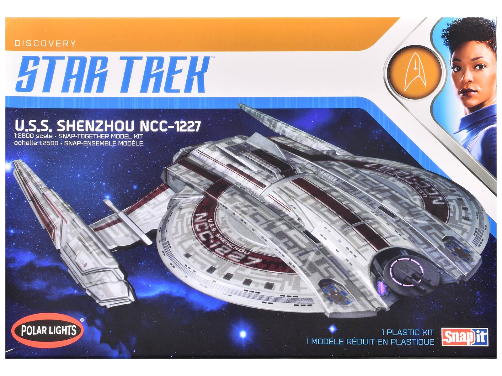 DISCOVERY  
STAR TREK  
U.S.S. SHENZHOU NCC-1227  
1:2500 scale • SNAP-TOGETHER MODEL KIT  
échelle 1:2500 • SNAP-ENSEMBLE MODÈLE  

POLAR LIGHTS  
1 PLASTIC KIT  
1 MODÈLE RÉDUIT EN PLASTIQUE  
Snap it