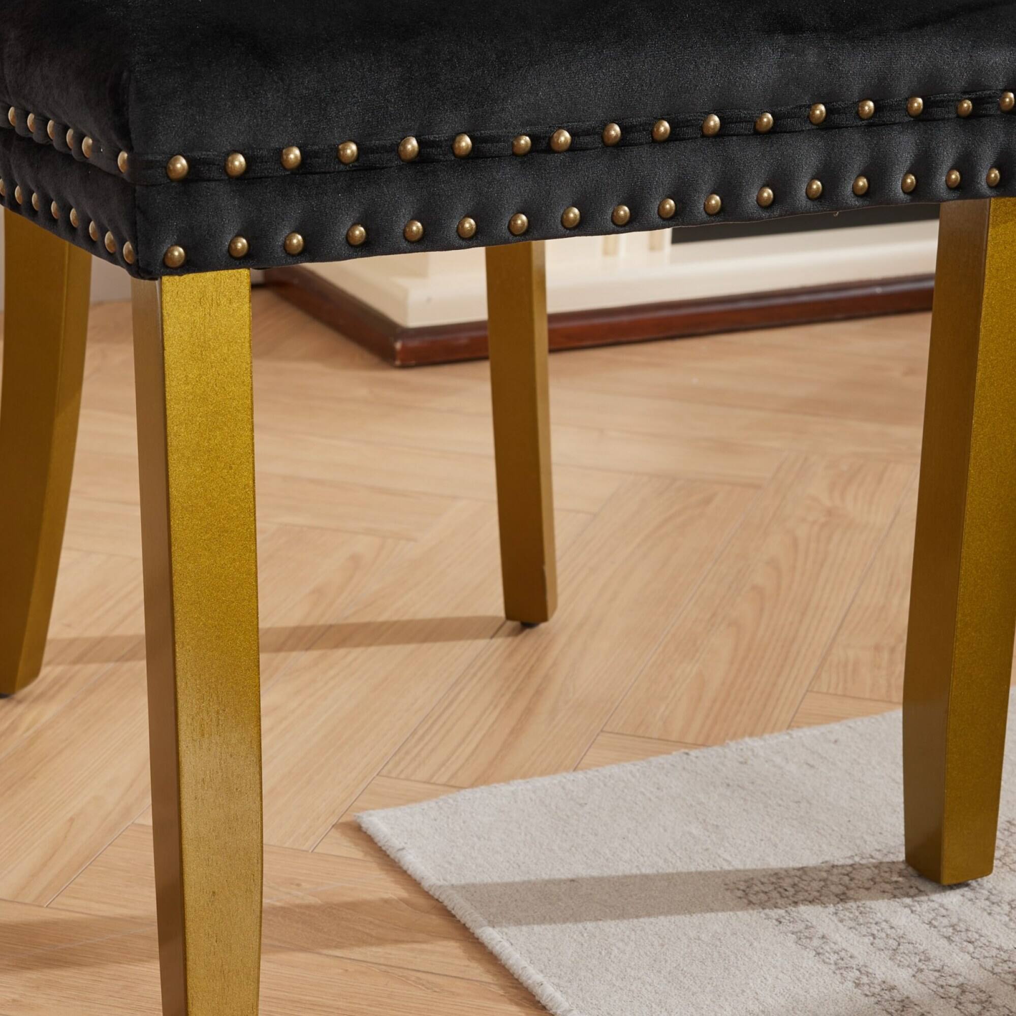 Alt View 10. GOODSILO - Modern Tufted Velvet Dining Chairs with Lion Head Pull Rings and Golden Wooden Legs, Set of 2 - Black.