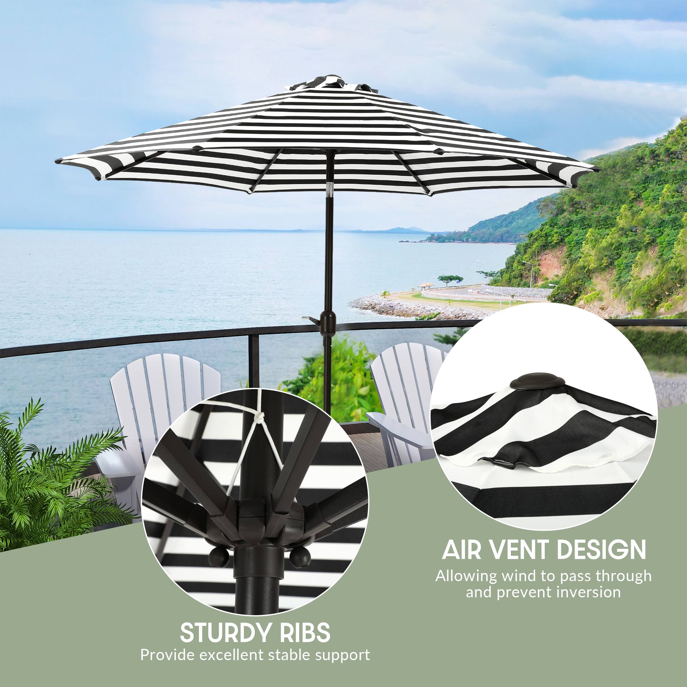 AIR VENT DESIGN  
Allowing wind to pass through and prevent inversion  

STURDY RIBS  
Provide excellent stable support