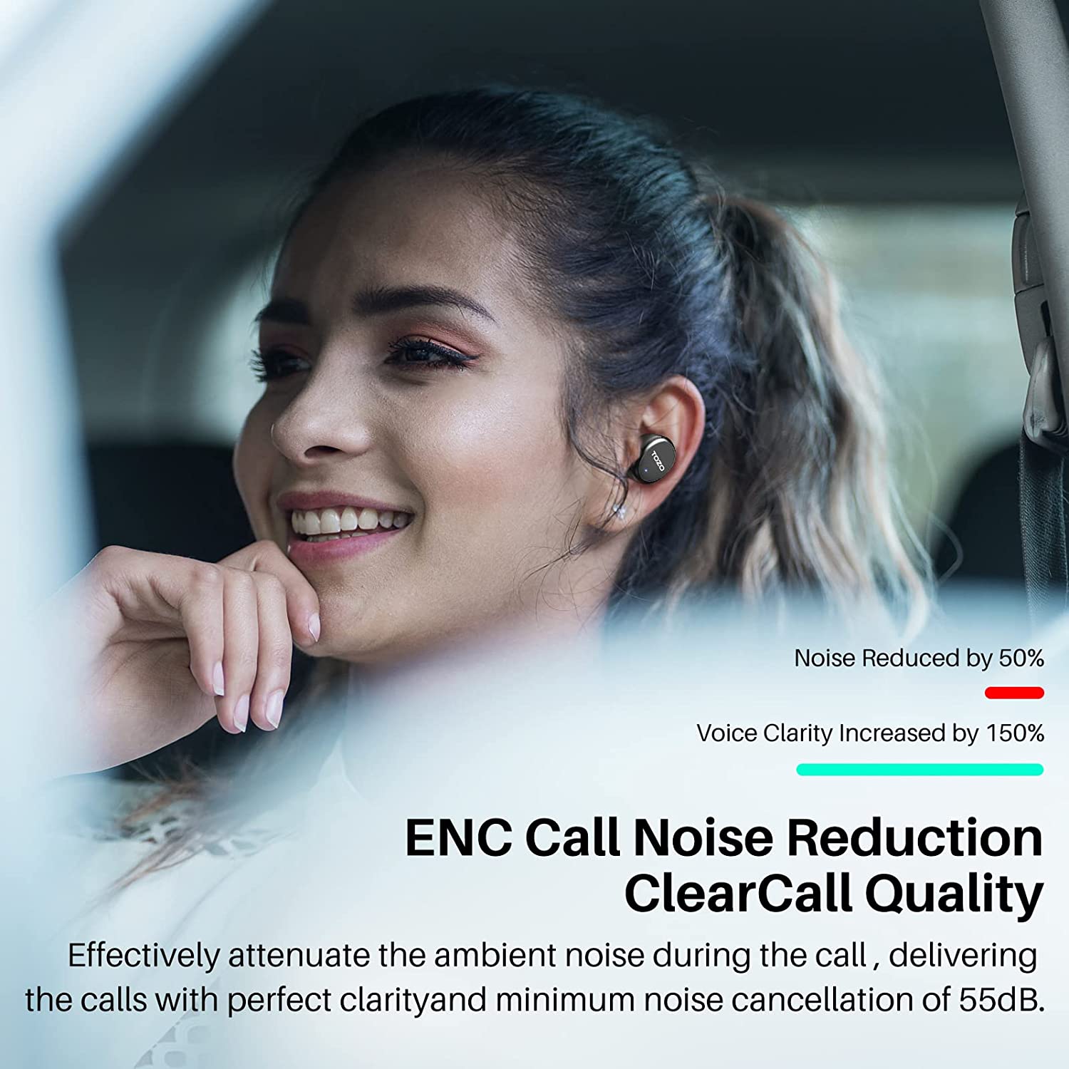 **ENC Call Noise Reduction ClearCall Quality**

- Noise Reduced by 50%
- Voice Clarity Increased by 150%

Effectively attenuate the ambient noise during the call, delivering the calls with perfect clarity and minimum noise cancellation of 55dB.