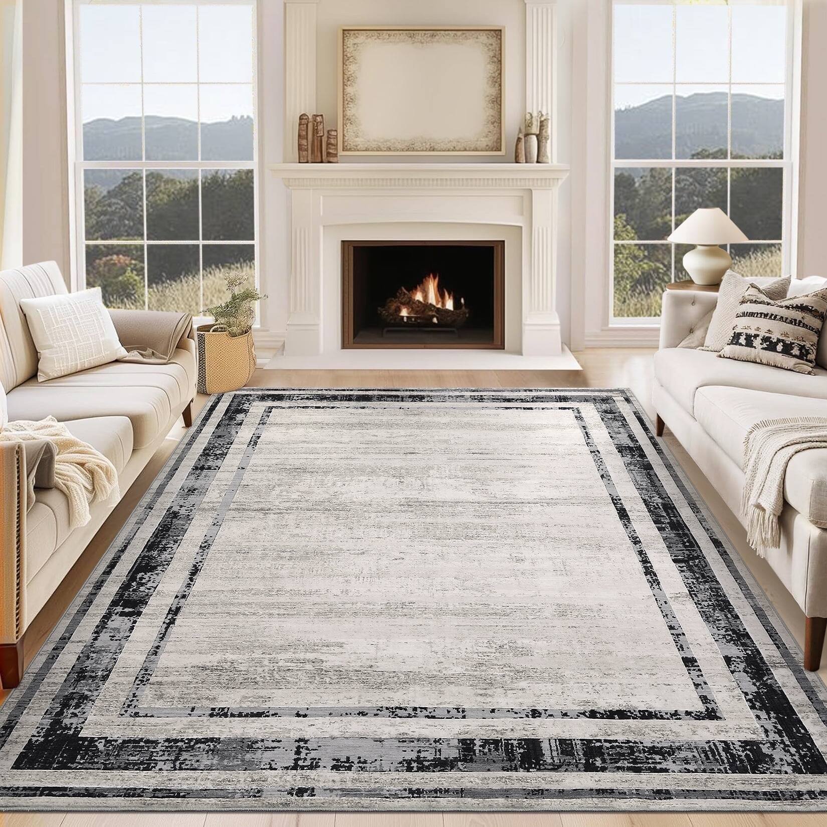 Front. Homhougo - 9x12 Modern Bordered Area Rug, Machine Washable Non-Slip Low Pile Carpet for Living Room in Gray - Gray.