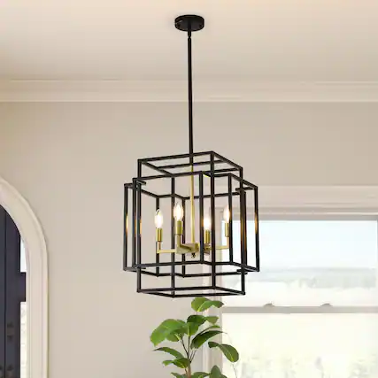 Front. RYHNUYNE - 4-Light Lantern Tiered Pendant Light Fixtures,Black Farmhouse Chandelier for Kitchen Island,Dining Room Light Fixture Ov - Black.