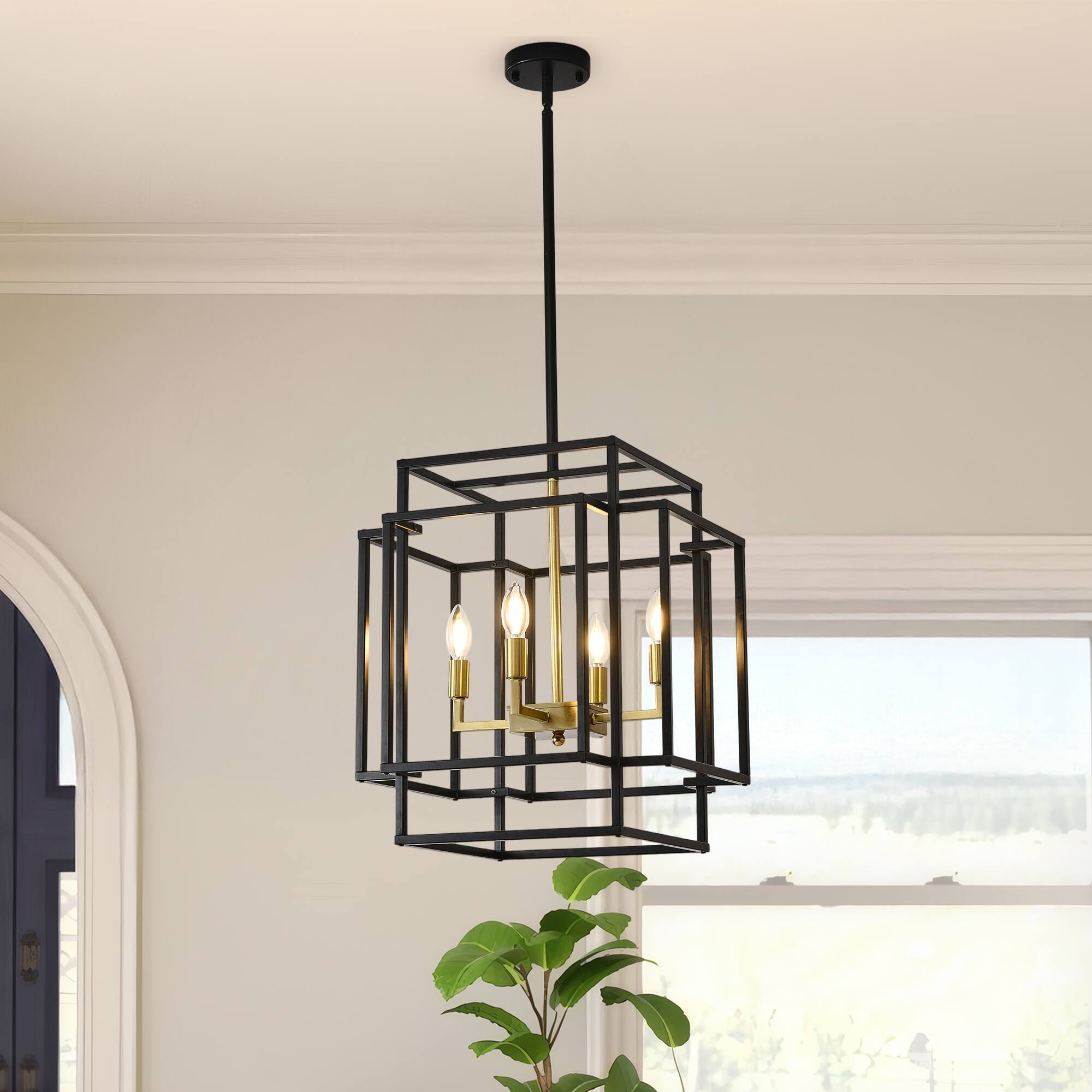Front. RYHNUYNE - 4-Light Lantern Tiered Pendant Light Fixtures,Black Farmhouse Chandelier for Kitchen Island,Dining Room Light Fixture Ov - Black.