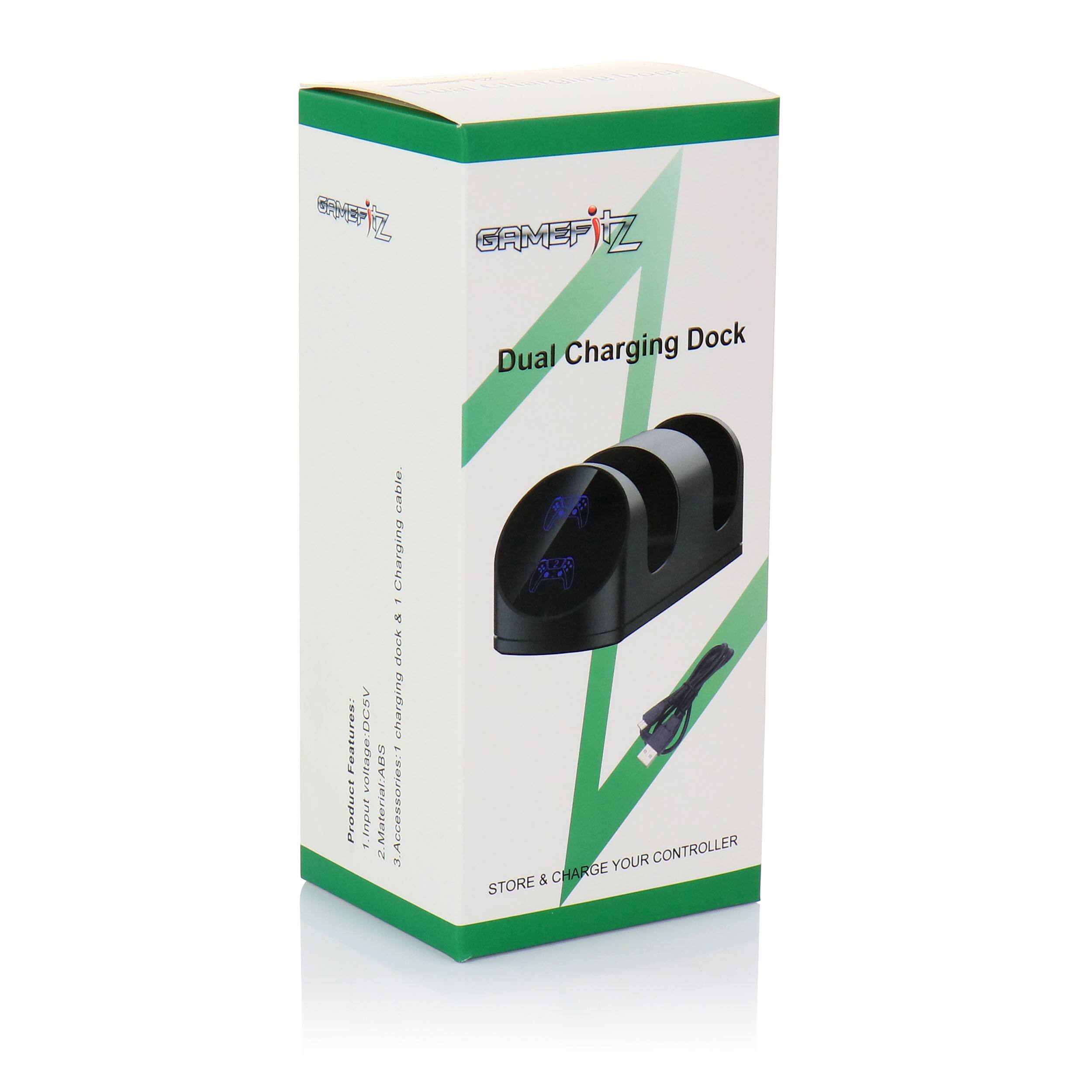 **GAMEFIZ Dual Charging Dock**

**Product Features:**
- Input Voltage: DC5V
- Materials: ABS
- Accessories: 1 Charging Cable

**Material:** ABS cable

**Accessories:**
- 3P YOUR CONTROLLER & CHARGE STORE

**STORE & CHARGE YOUR CONTROLLER**