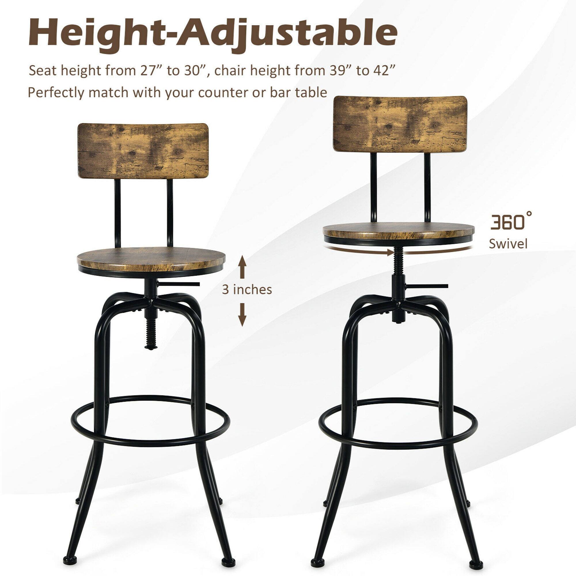 Height-Adjustable  
Seat height from 27" to 30", chair height from 39" to 42"  
Perfectly match with your counter or bar table  

360° Swivel  
3 inches