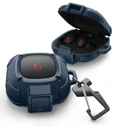 Front. Dexnor - Rugged Bumper Case for Beats Fit Pro (2021) with Secure Lock, Shockproof Clear Cover with Carabiner & Keyring - Navy Blue.