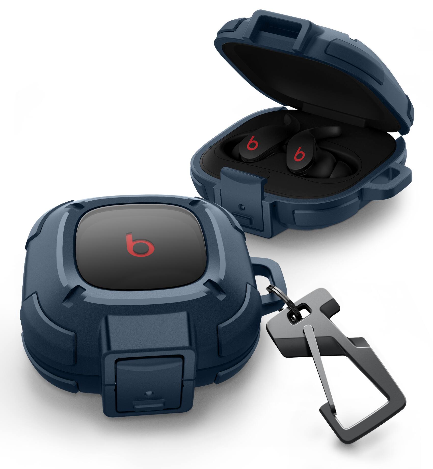 Front. Dexnor - Rugged Bumper Case for Beats Fit Pro (2021) with Secure Lock, Shockproof Clear Cover with Carabiner & Keyring - Navy Blue.