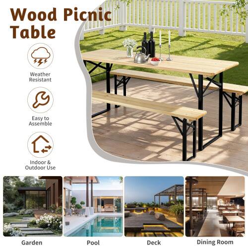 Wood Picnic Table

- Weather Resistant
- Easy to Assemble
- Indoor & Outdoor Use

Garden  
Pool  
Deck  
Dining Room