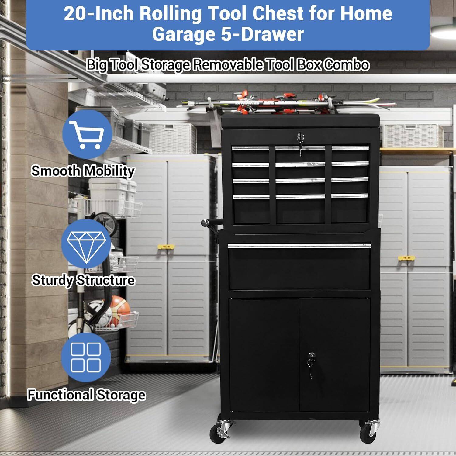20-Inch Rolling Tool Chest for Home Garage 5-Drawer

Big Tool Storage Removable Tool Box Combo

- Smooth Mobility
- Sturdy Structure
- Functional Storage