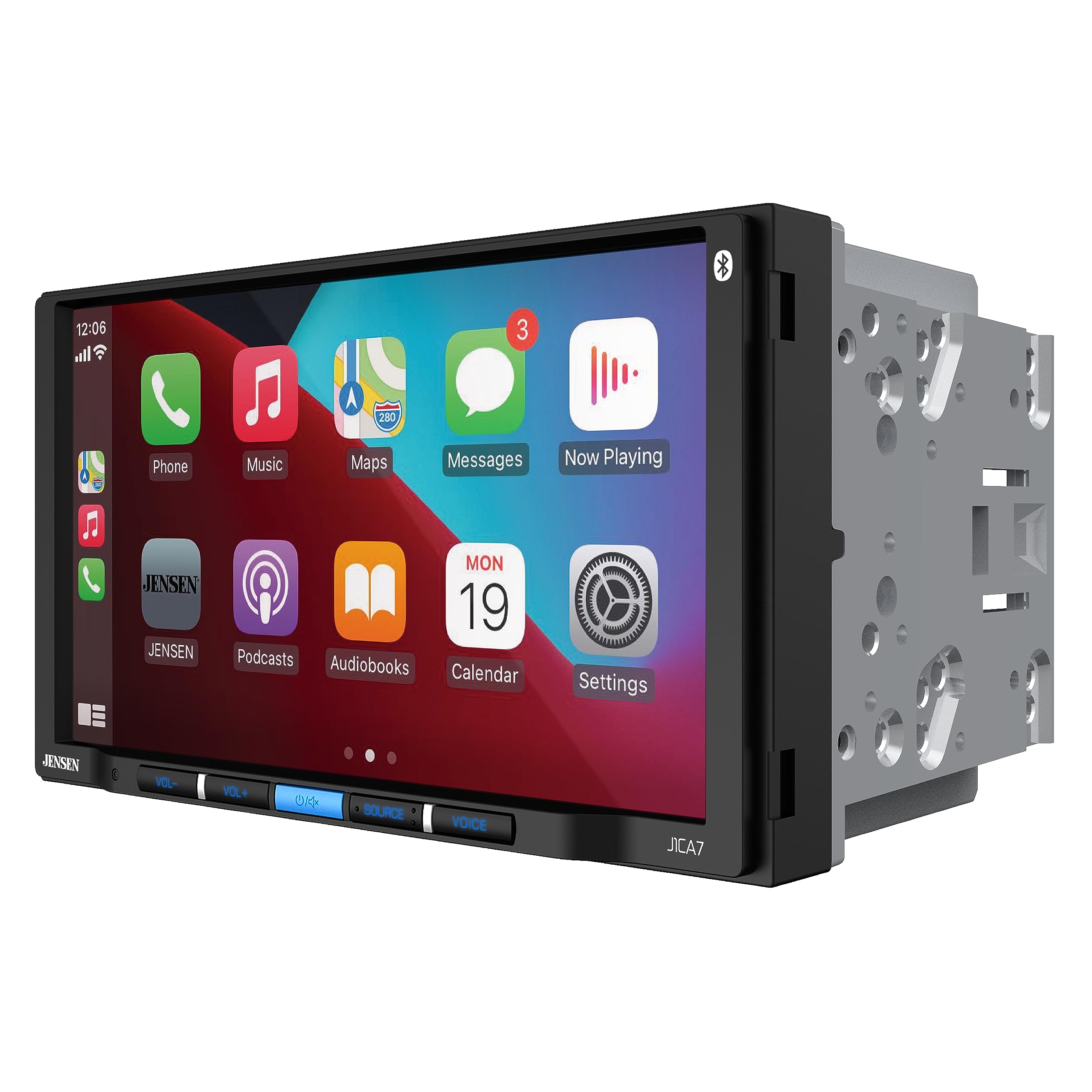 12:06, 3, A, 280, Phone, Music, Maps, Messages, Now Playing, JENSEN, JENSEN, MON 19, Podcasts, Audiobooks, Calendar, Settings, VOL-, VOL+, SOURCE, VOICE, JICA7