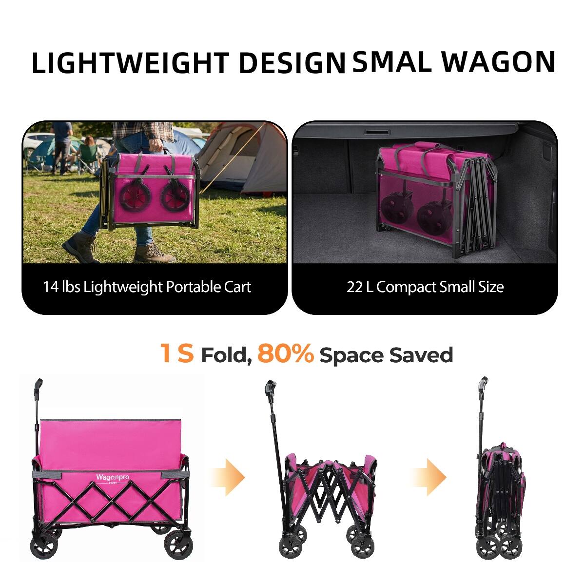 LIGHTWEIGHT DESIGN SMALL WAGON

14 lbs Lightweight Portable Cart

22 L Compact Small Size

1 S Fold, 80% Space Saved

Wagonpro