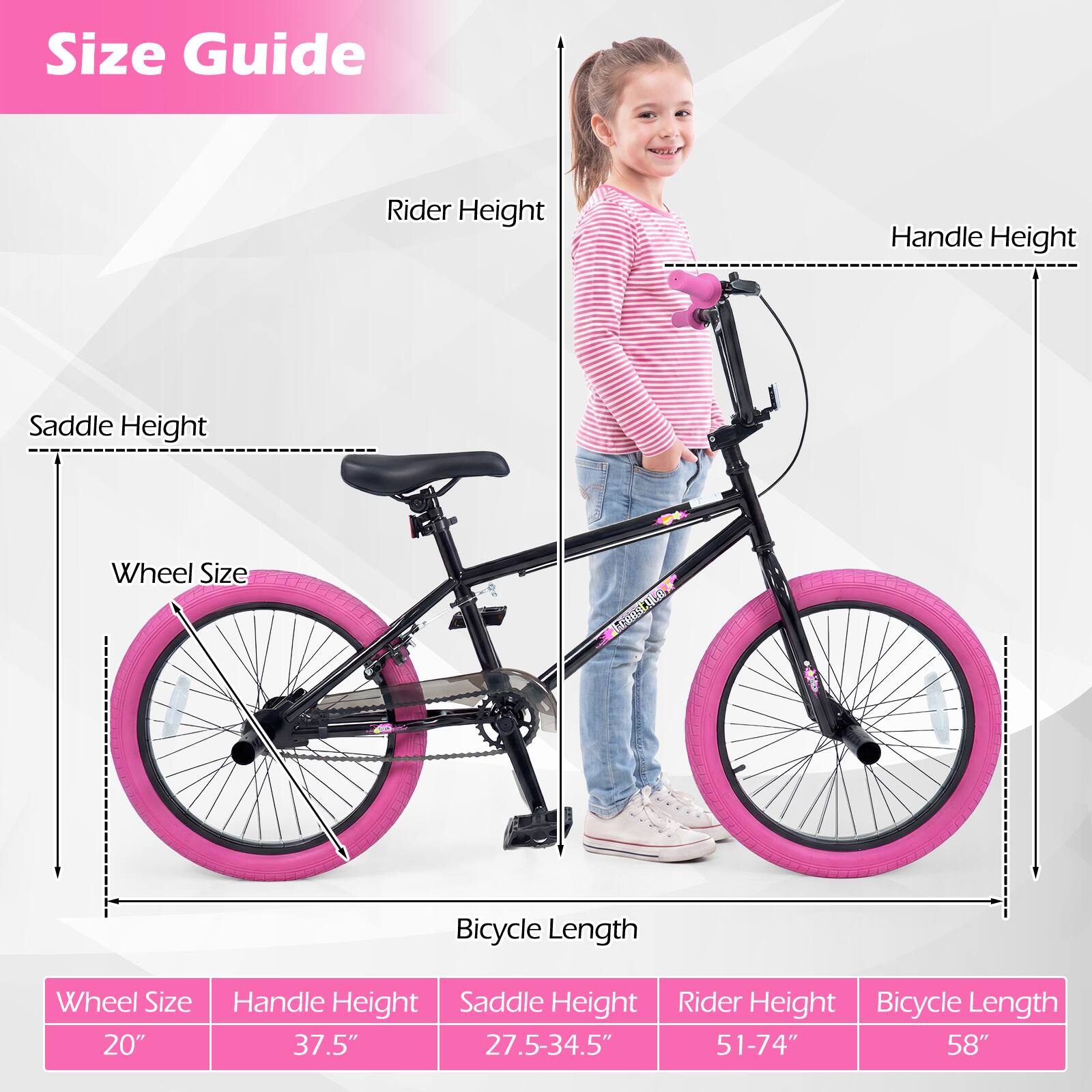 Size Guide

Rider Height: 51-74"
Handle Height: 37.5"
Saddle Height: 27.5-34.5"
Wheel Size: 20"
Bicycle Length: 58"