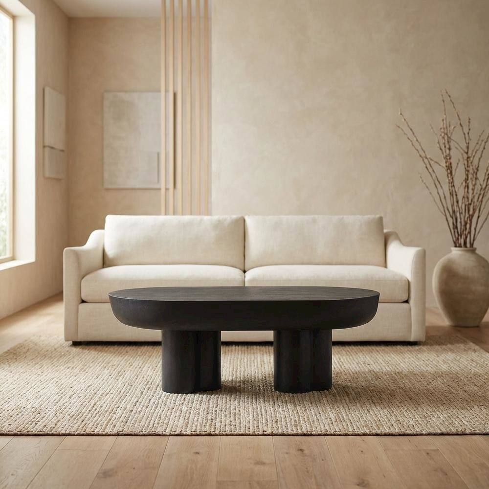 Left. FurniFact - Oval Concrete Coffee Table with Modern Design and Sturdy Surface - Black.
