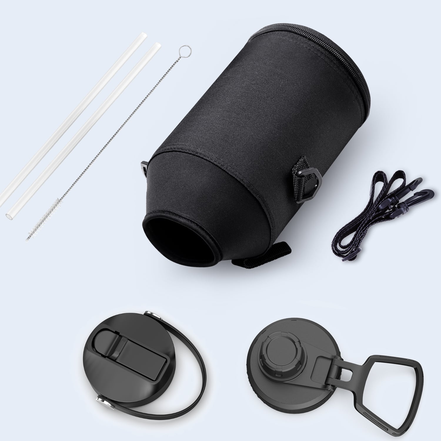 Left View: Buzio - 64oz Insulated Water Bottle with Straw Lid and Spout Lid - Gray