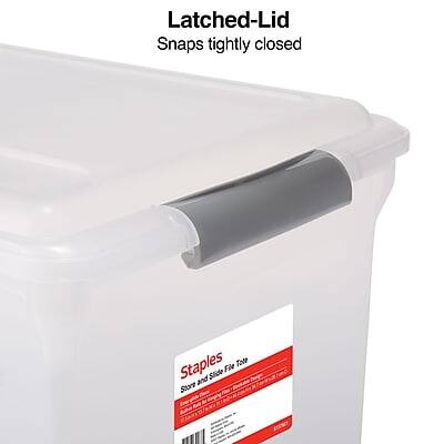 Latched-Lid  
Snaps tightly closed  

Staples  
Store and Slide File Tote