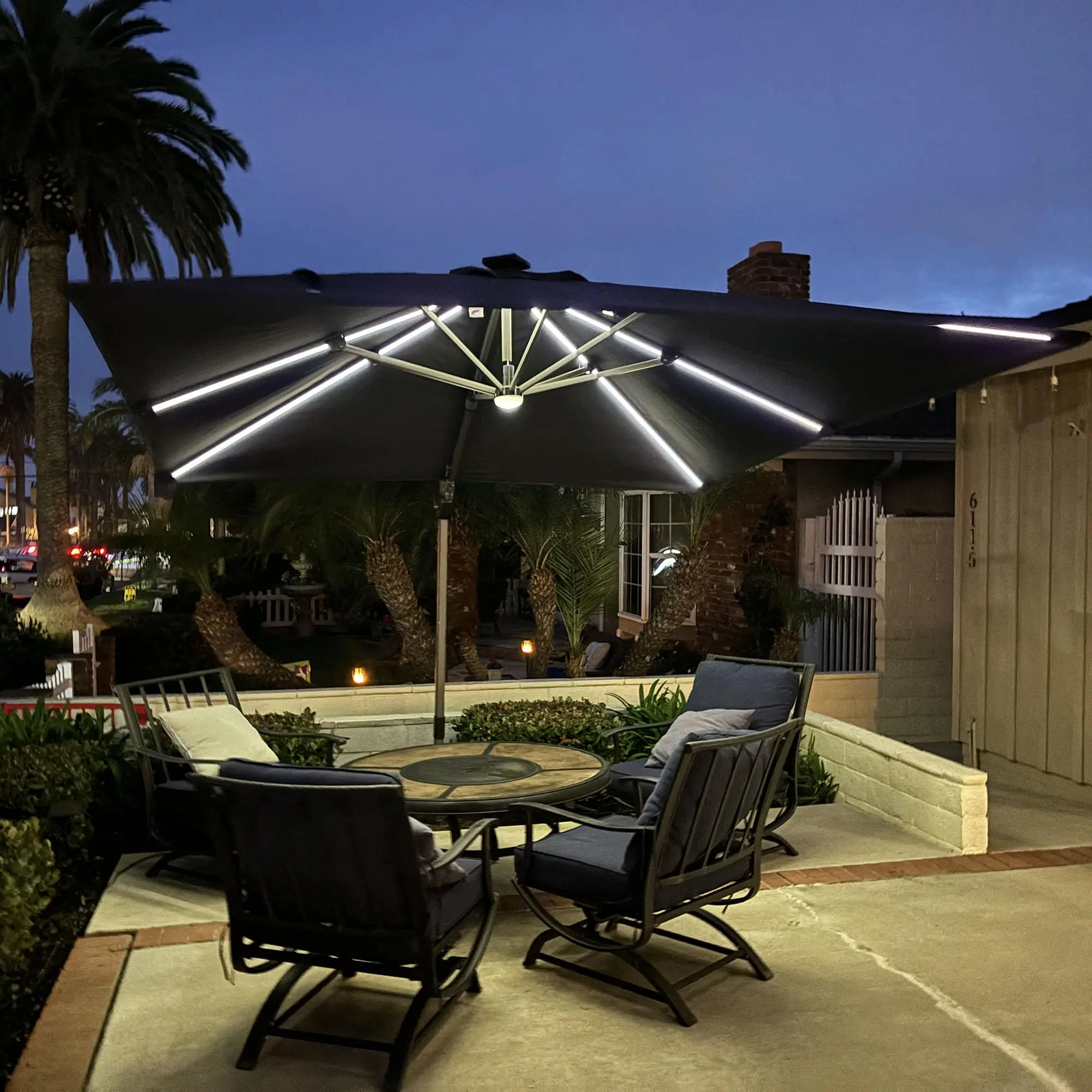 Alt View 5. PURPLE LEAF - 10 ft. Square Aluminum Cantilever Solar Powered LED Offset 360° Rotation Umbrella with Base for Garden Deck Pool - Grey.