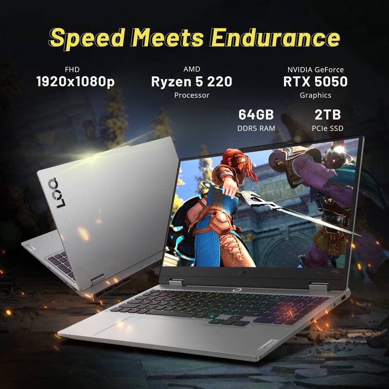 Speed Meets Endurance  
FHD 1920x1080p  
AMD Ryzen 5 2200 Processor  
NVIDIA GeForce RTX 5050 Graphics  
64GB DDR5 RAM  
2TB PCIe SSD
