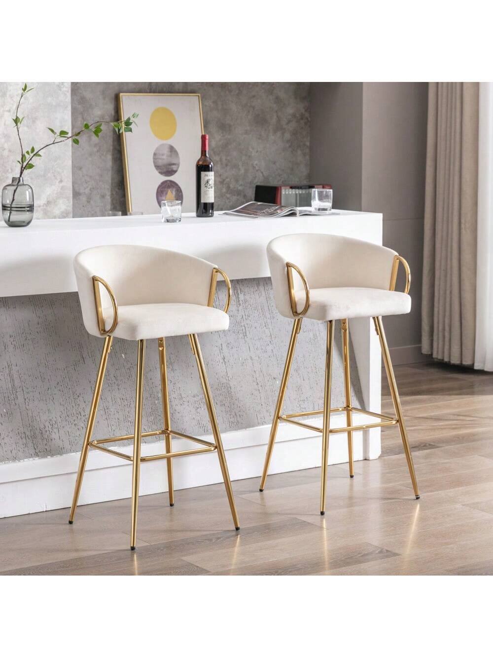 Alt View 7. Trinkets Crazed - 26" Velvet Counter Stools Set Of 2, Luxury Bar Chair With Low Back and Gold Legs For Kitchen Island - Beige.
